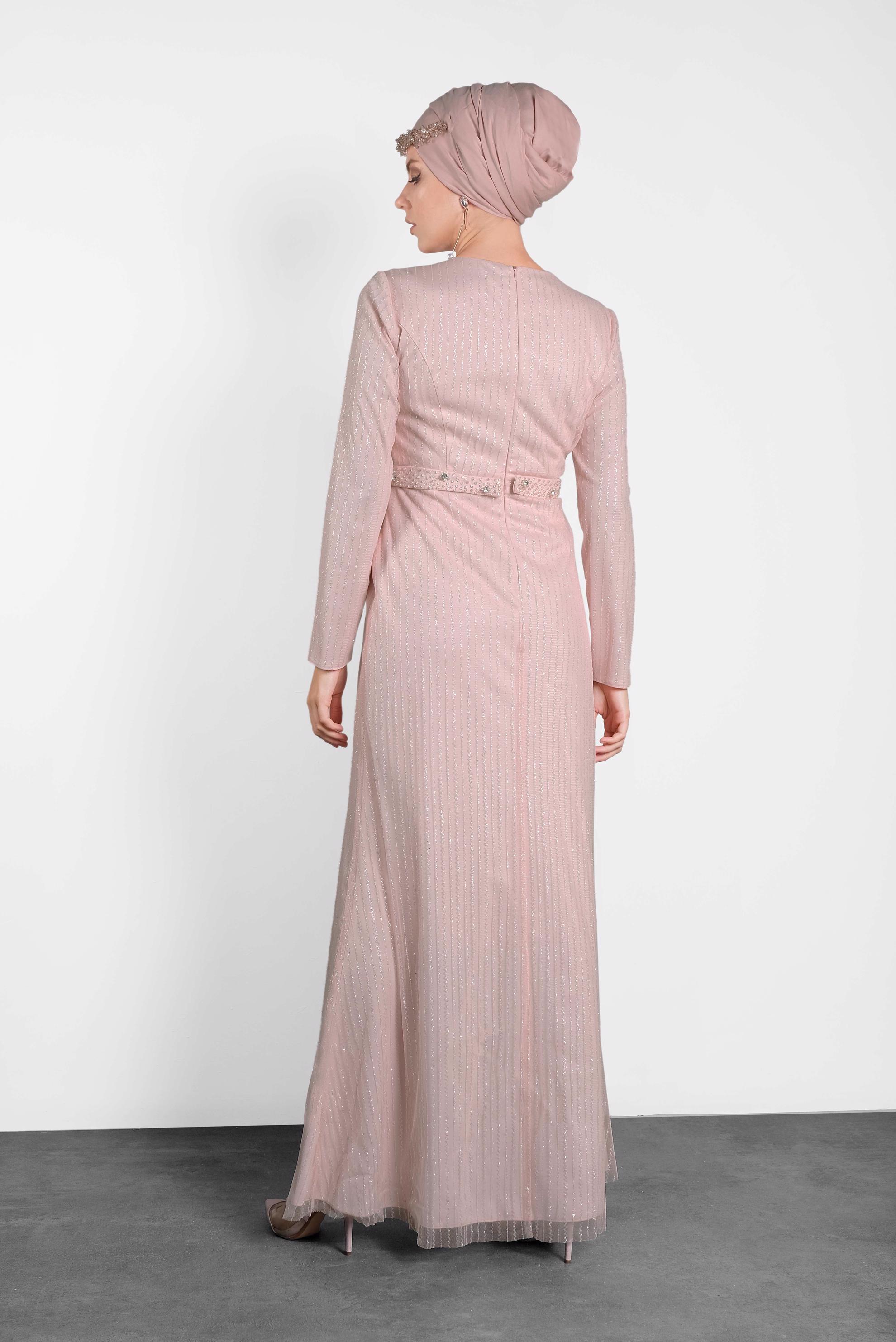 Tesettür giyim PUDRA BONCUK İŞLEME DETAYLI SİM KUMAŞ ABİYE 5617 