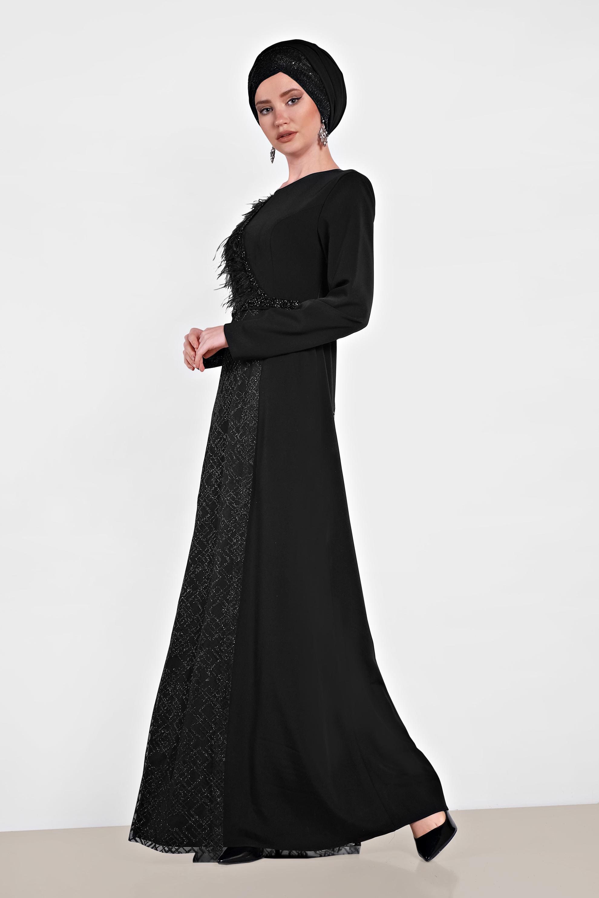 Tesettür giyim SİYAH TÜY DETAYLI ABİYE ELBİSE 5618 