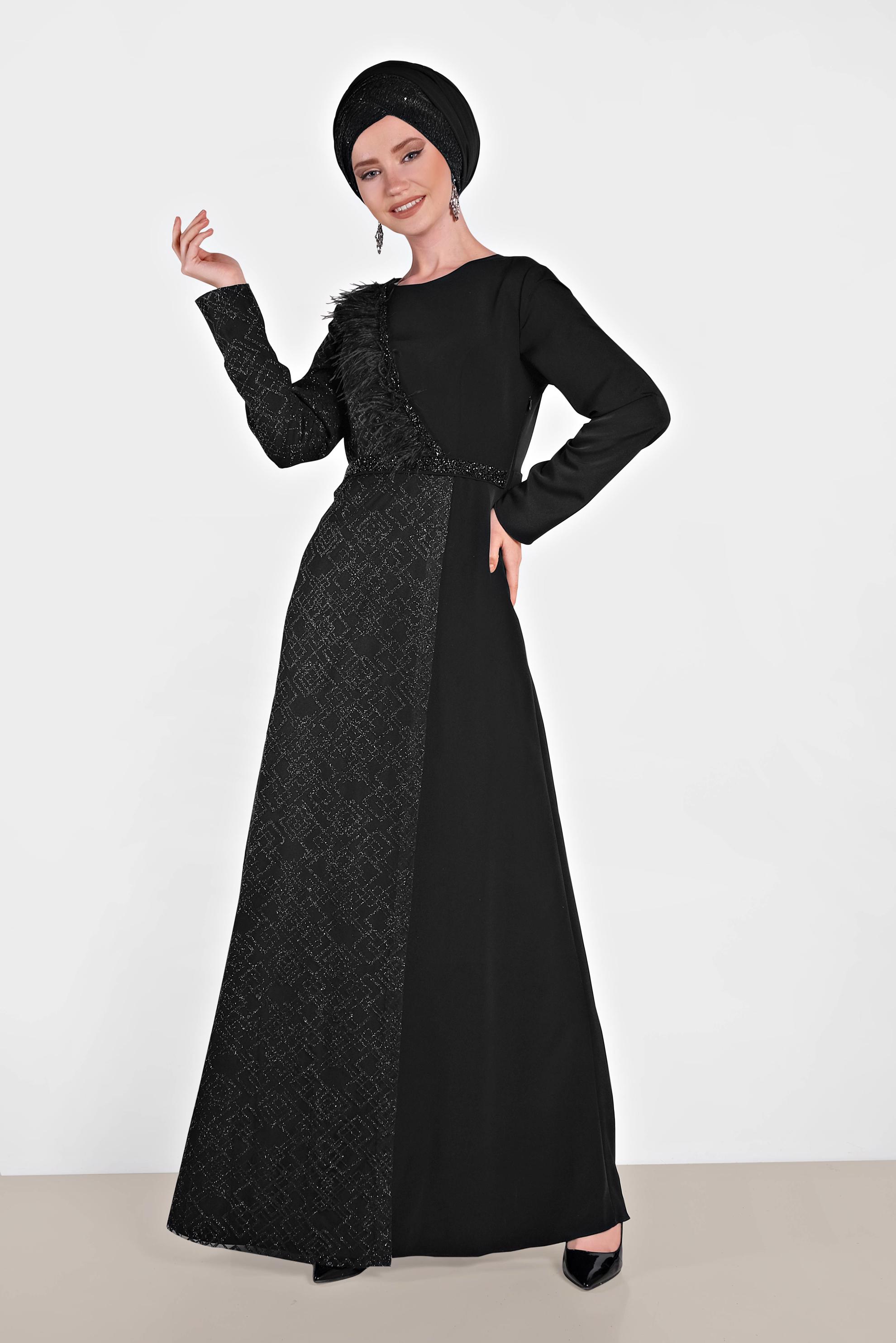 Tesettür giyim SİYAH TÜY DETAYLI ABİYE ELBİSE 5618 