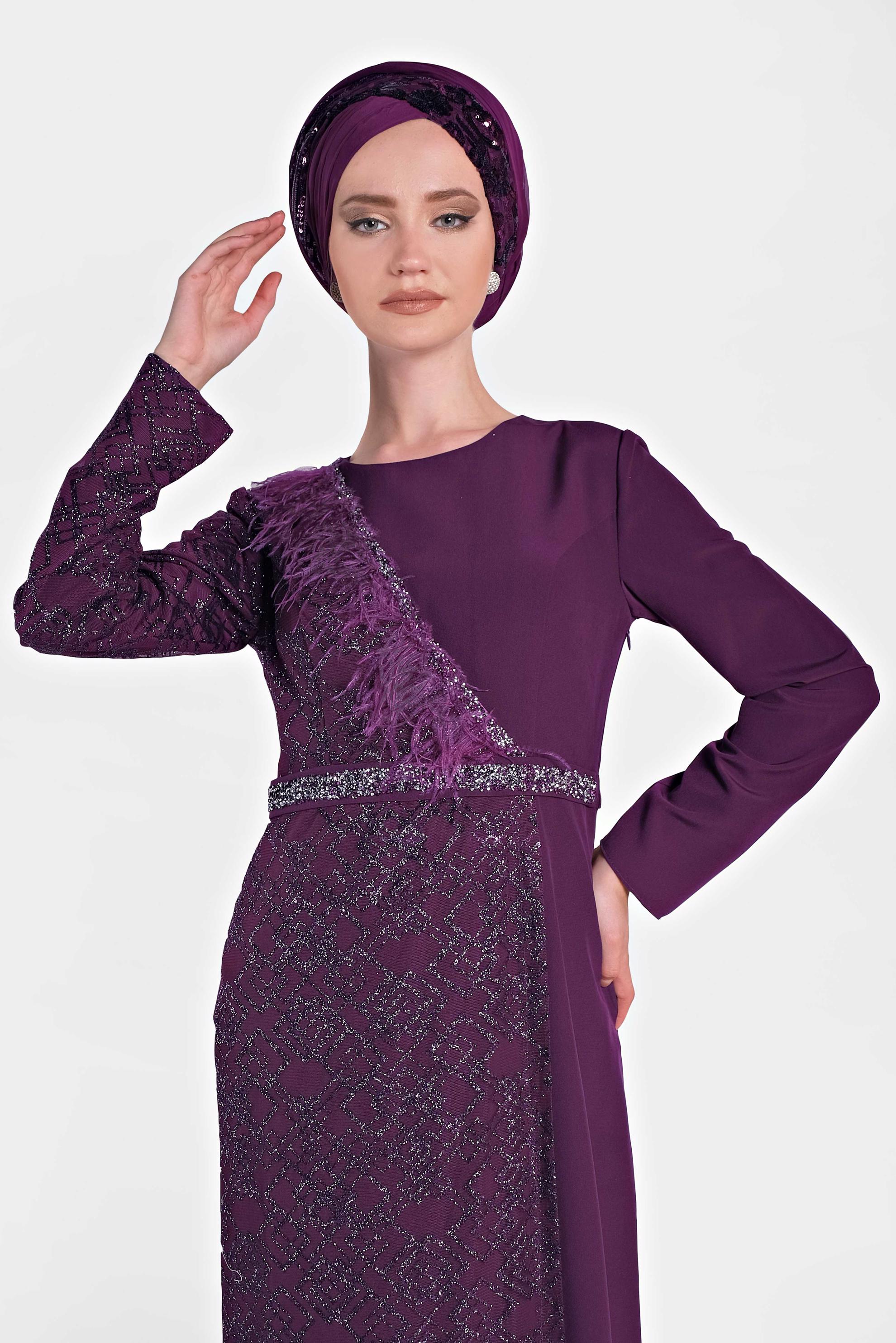 Tesettür giyim MÜRDÜM TÜY DETAYLI ABİYE ELBİSE 5618 