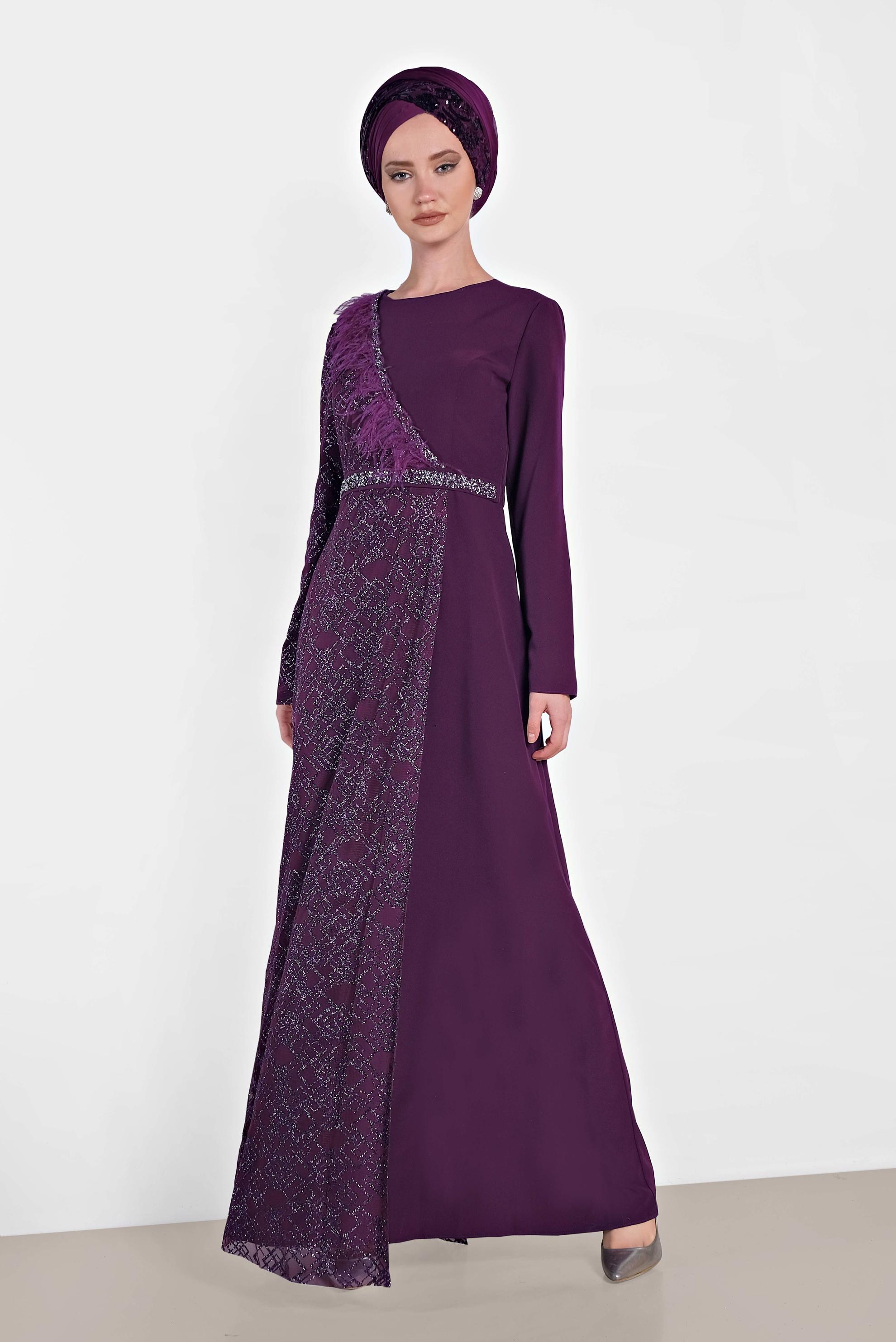 Tesettür giyim MÜRDÜM TÜY DETAYLI ABİYE ELBİSE 5618 