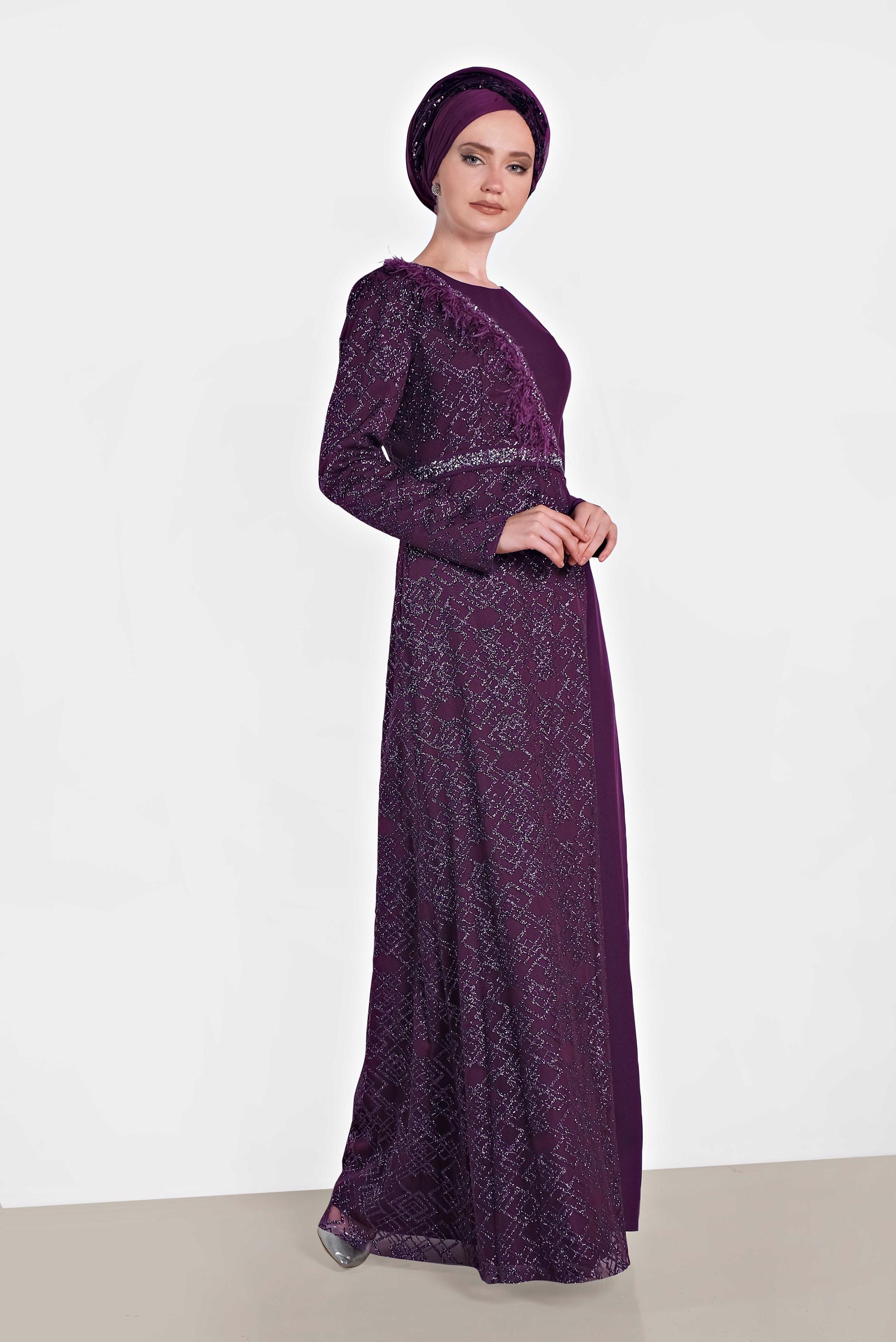 Tesettür giyim MÜRDÜM TÜY DETAYLI ABİYE ELBİSE 5618 