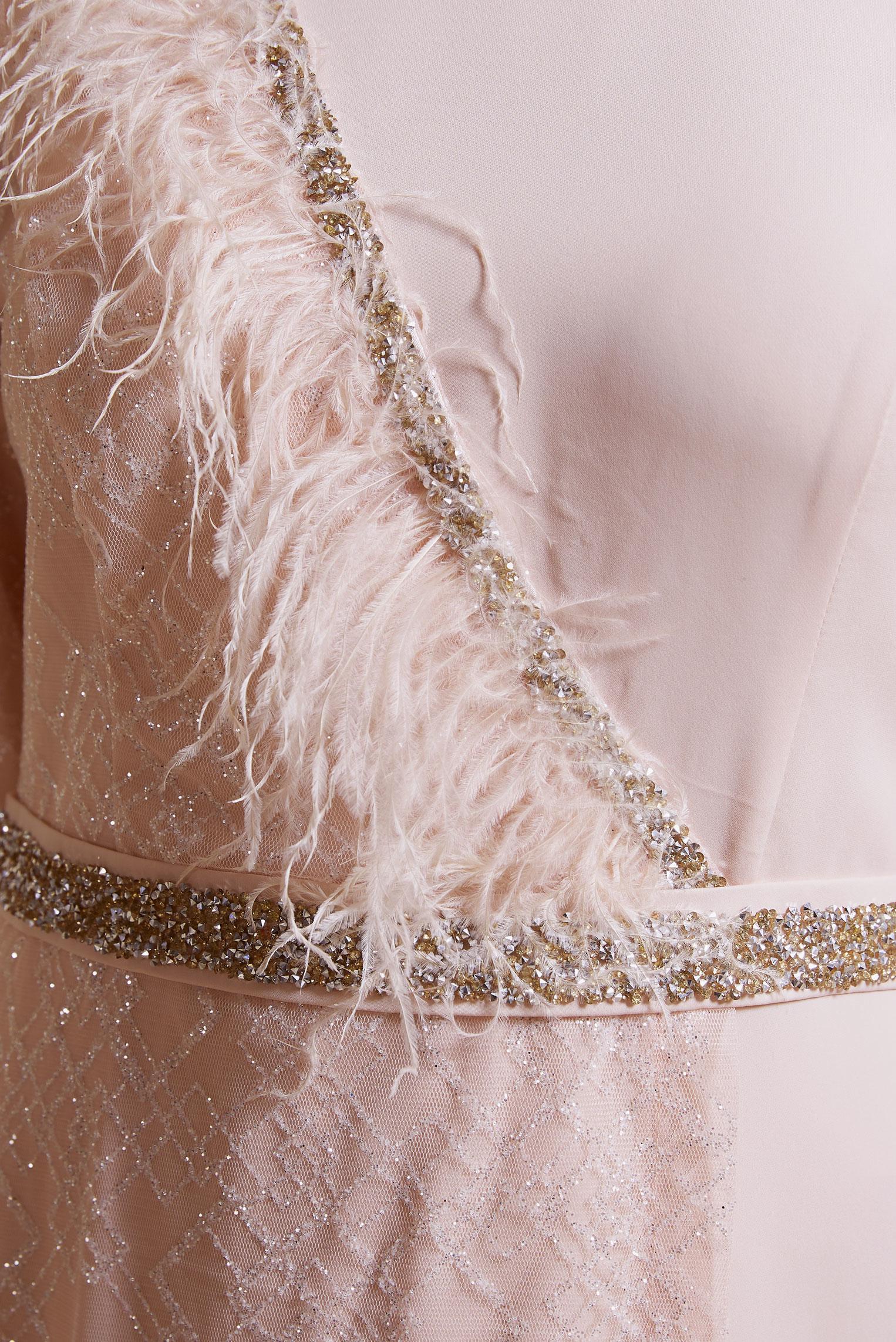 Tesettür giyim PUDRA TÜY DETAYLI ABİYE ELBİSE 5618 