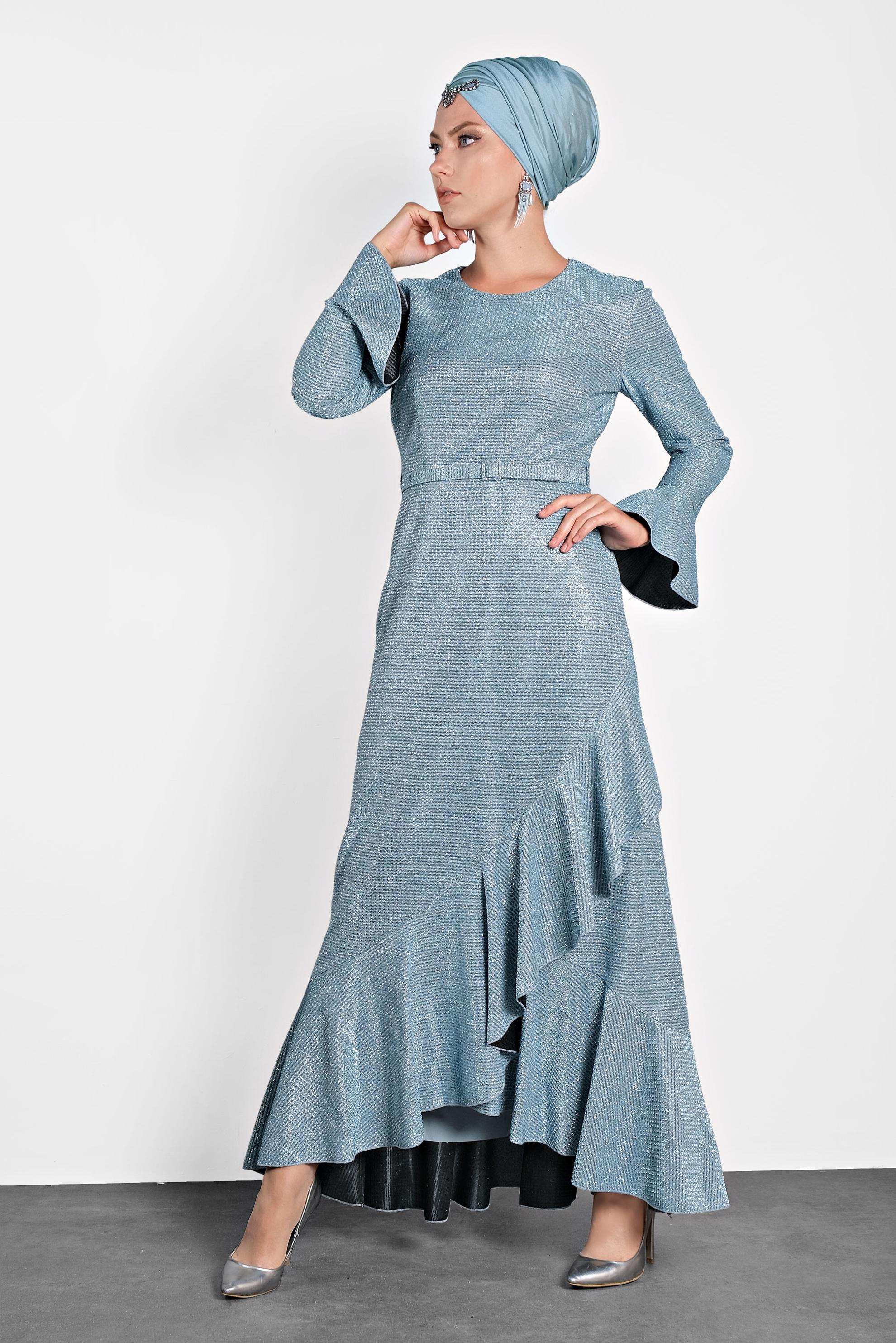 Tesettür giyim MAVİ KOLLARI VE ETEK UCU VOLANLI SİMLİ ABİYE 5620 