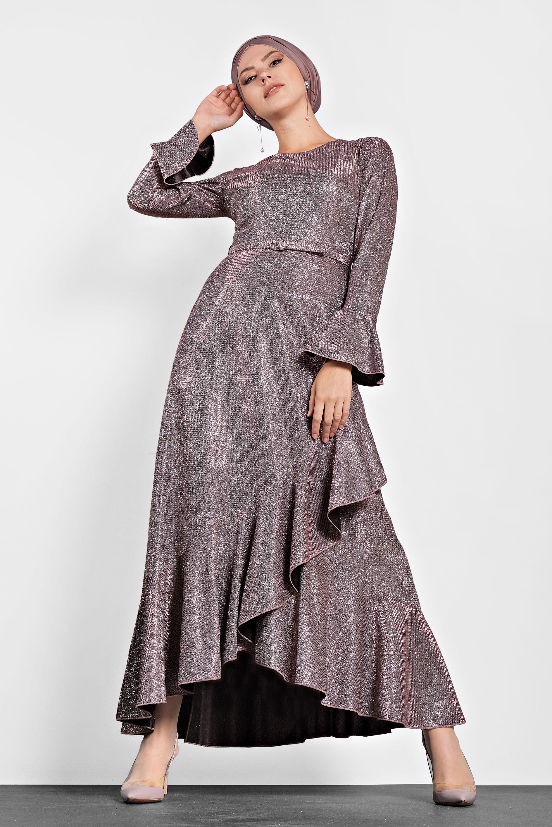 Tesettür giyim PEMBE KOLLARI VE ETEK UCU VOLANLI SİMLİ ABİYE 5620 