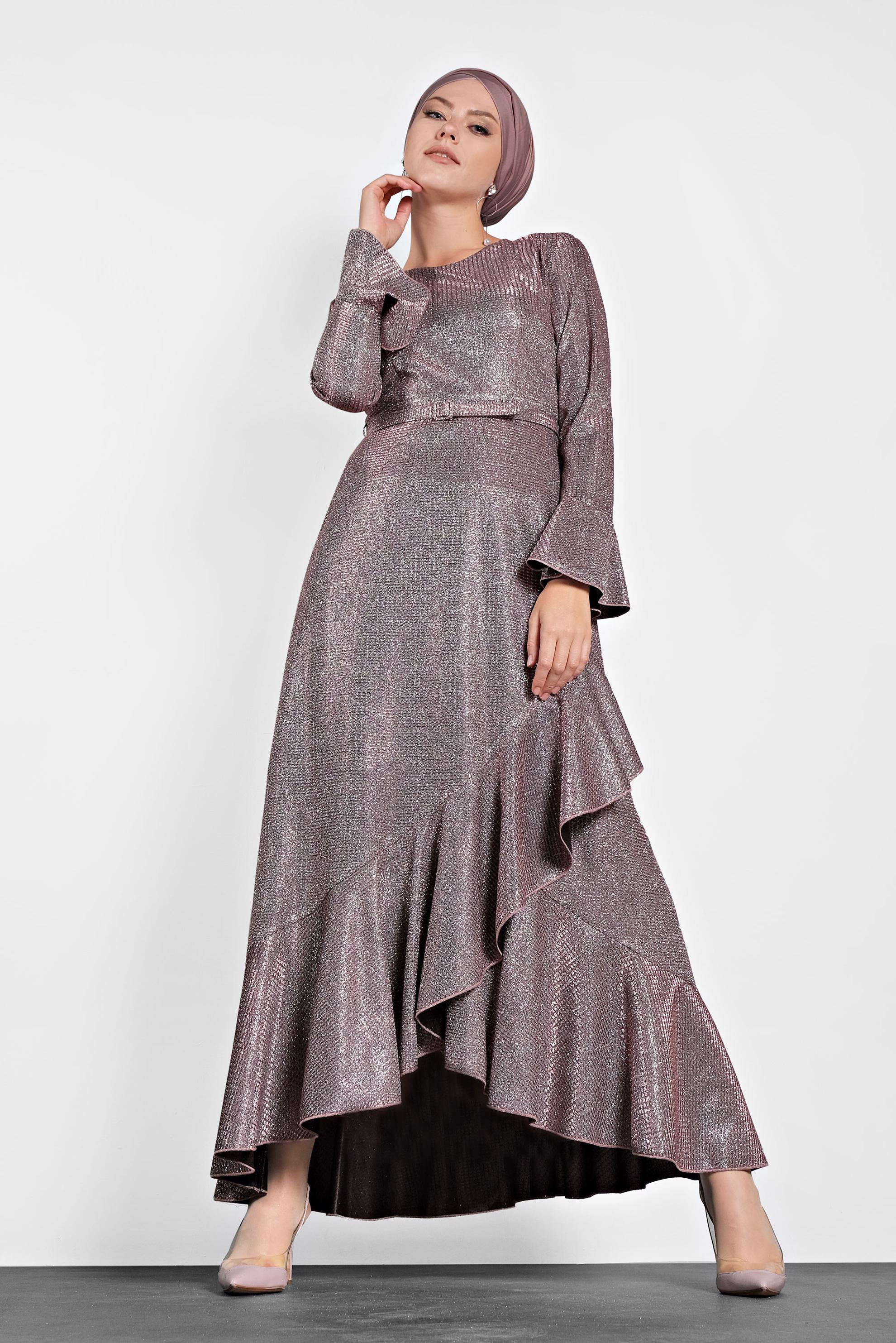 Tesettür giyim PEMBE KOLLARI VE ETEK UCU VOLANLI SİMLİ ABİYE 5620 