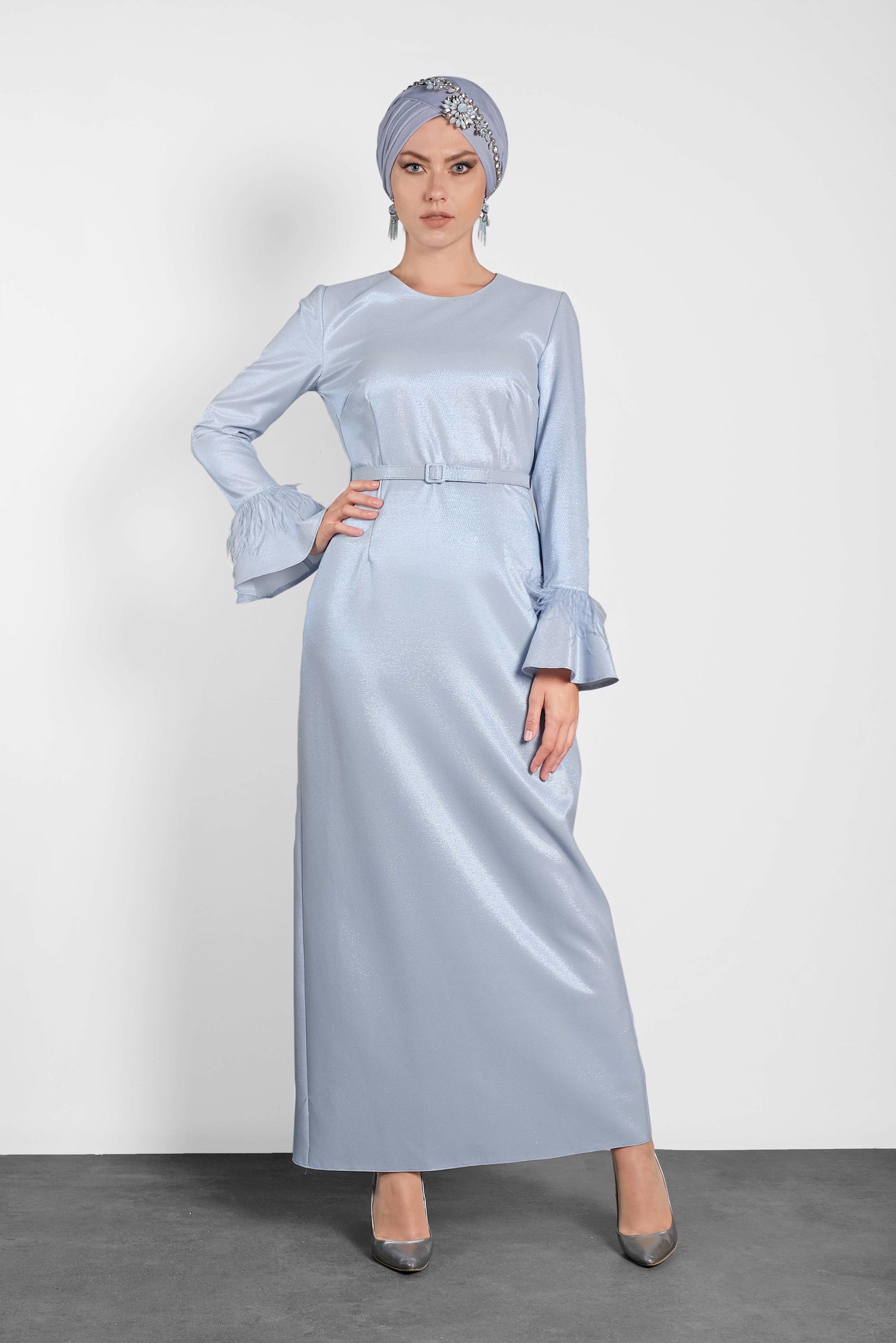 Tesettür giyim MAVİ KOLLARI VOLANLI SİMLİ ABİYE 5621 