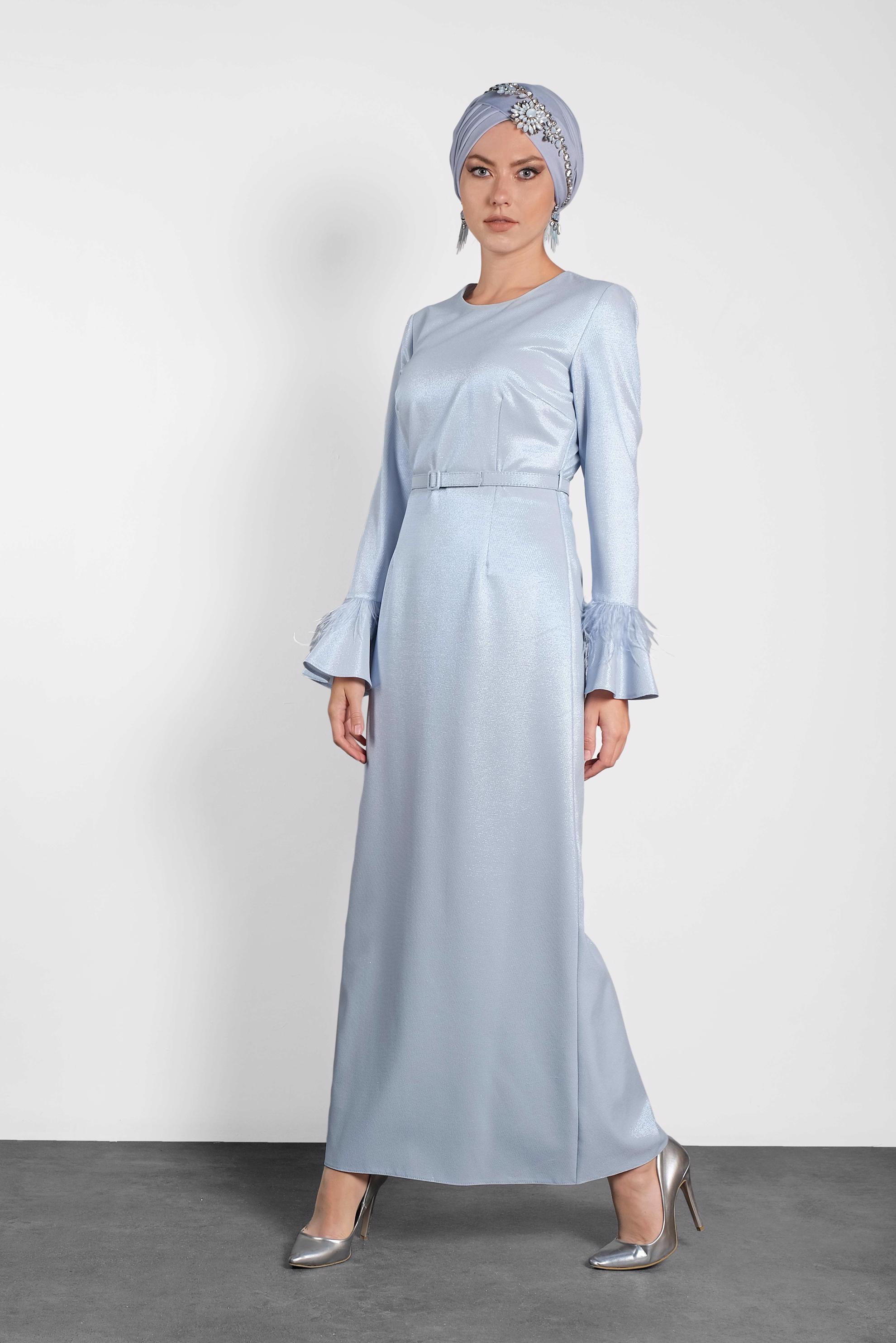 Tesettür giyim MAVİ KOLLARI VOLANLI SİMLİ ABİYE 5621 