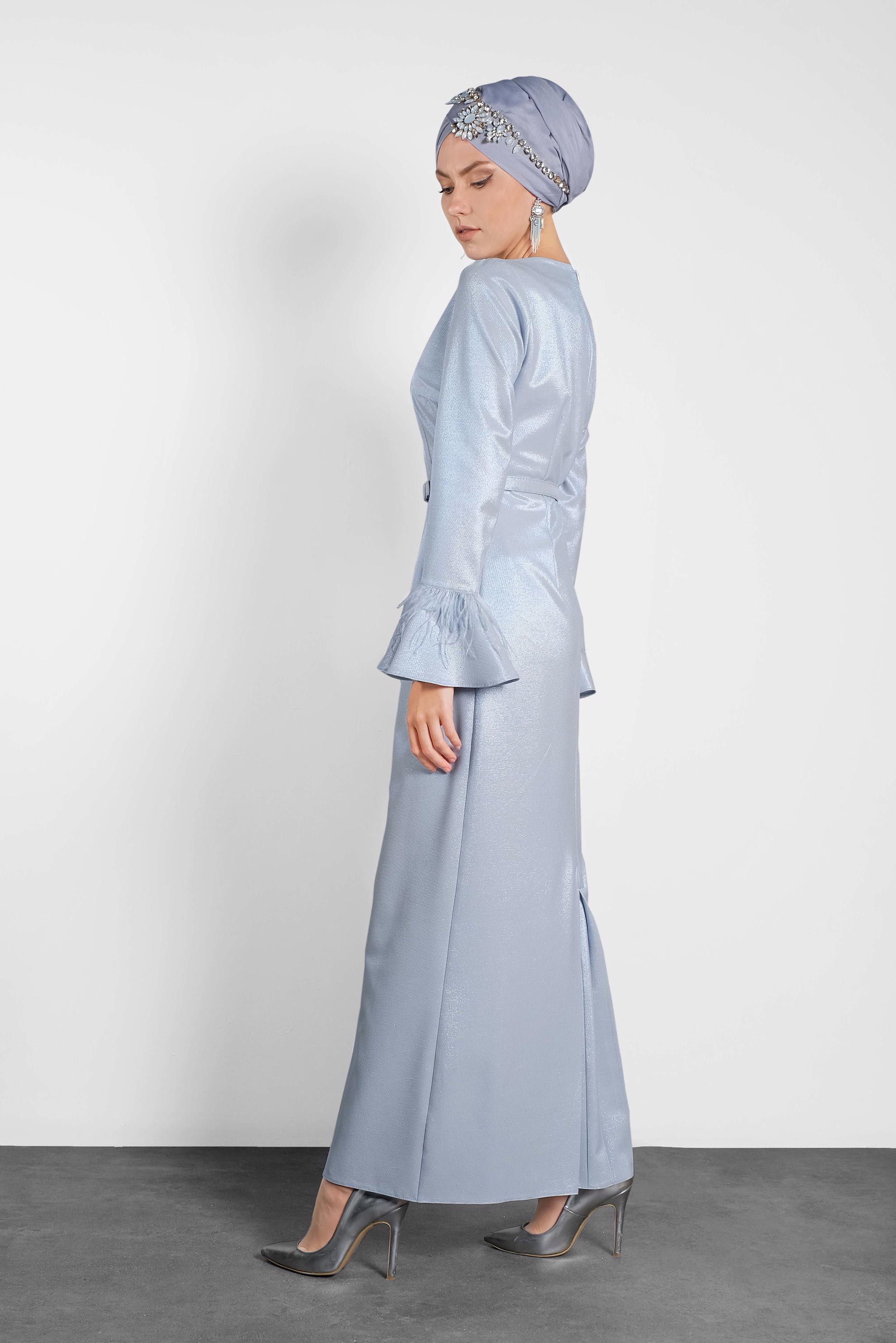 Tesettür giyim MAVİ KOLLARI VOLANLI SİMLİ ABİYE 5621 