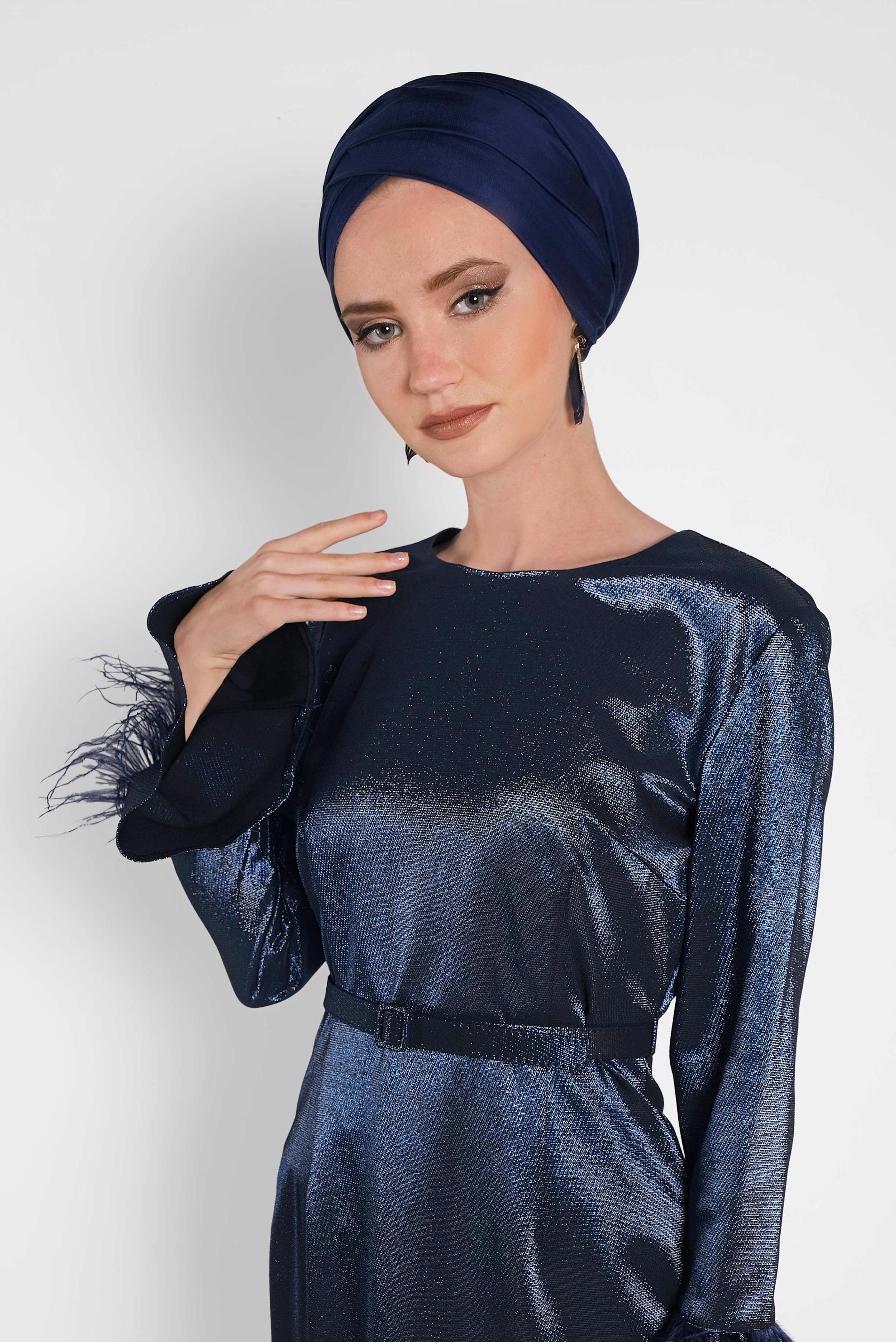 Tesettür giyim LACİVERT KOLLARI VOLANLI SİMLİ ABİYE 5621 