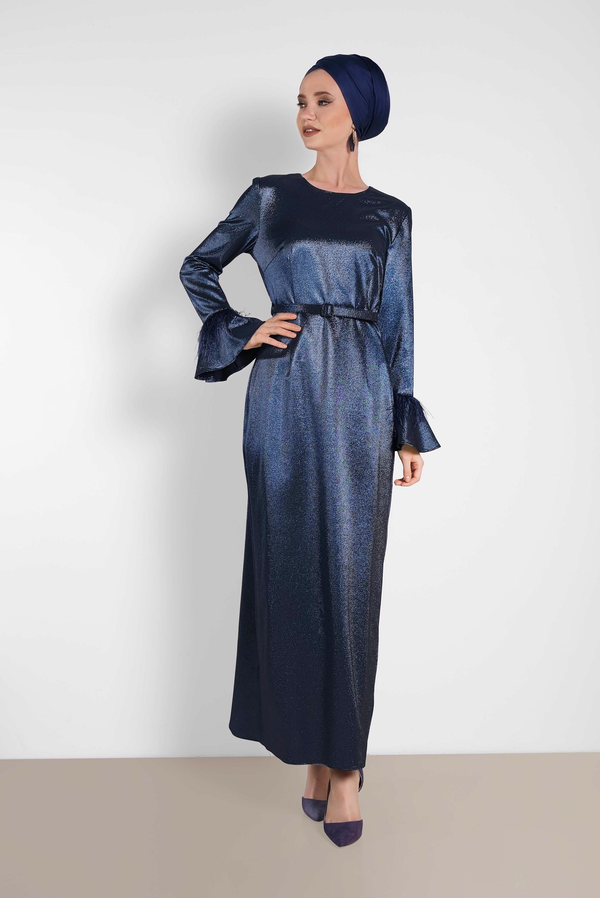 Tesettür giyim LACİVERT KOLLARI VOLANLI SİMLİ ABİYE 5621 