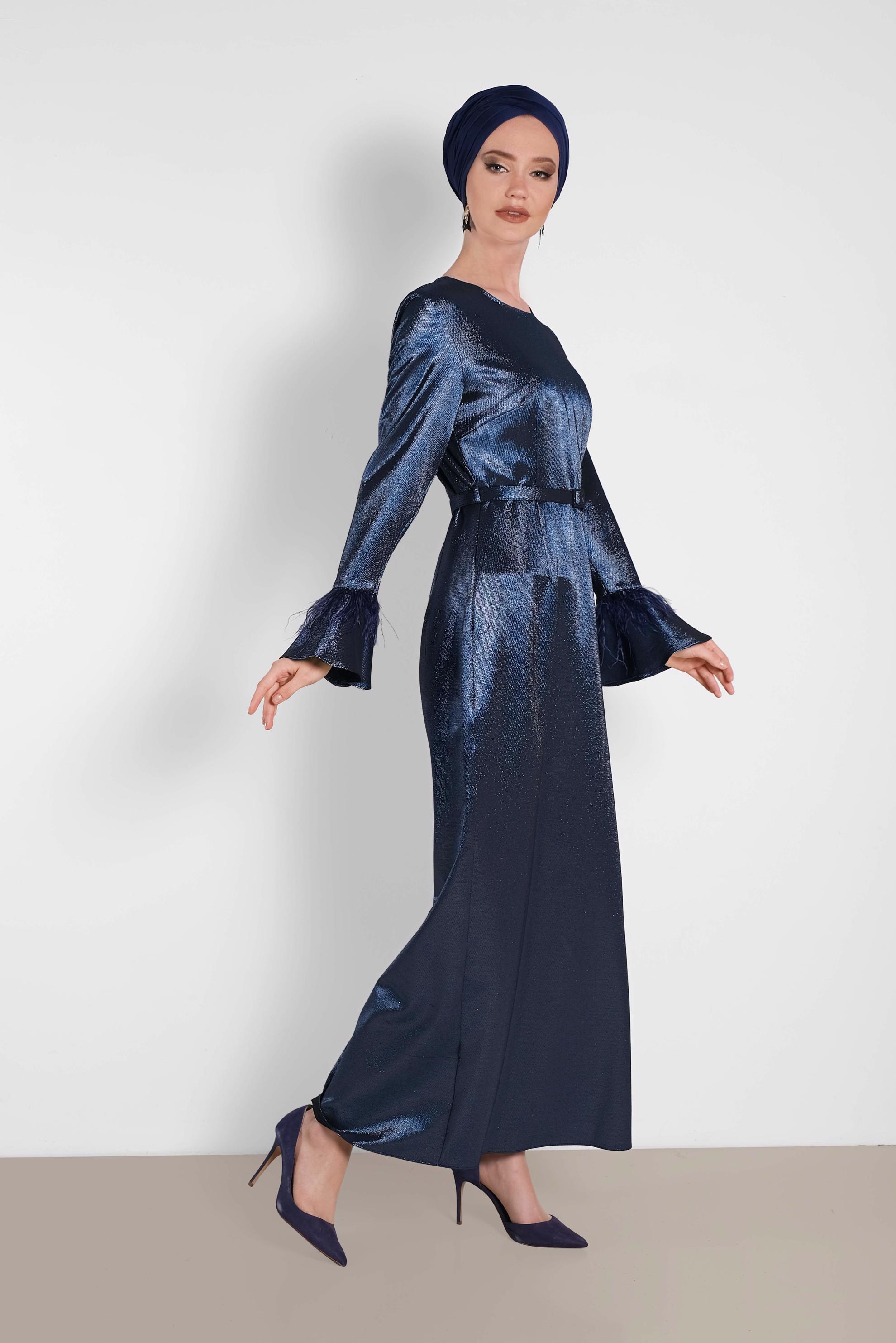 Tesettür giyim LACİVERT KOLLARI VOLANLI SİMLİ ABİYE 5621 