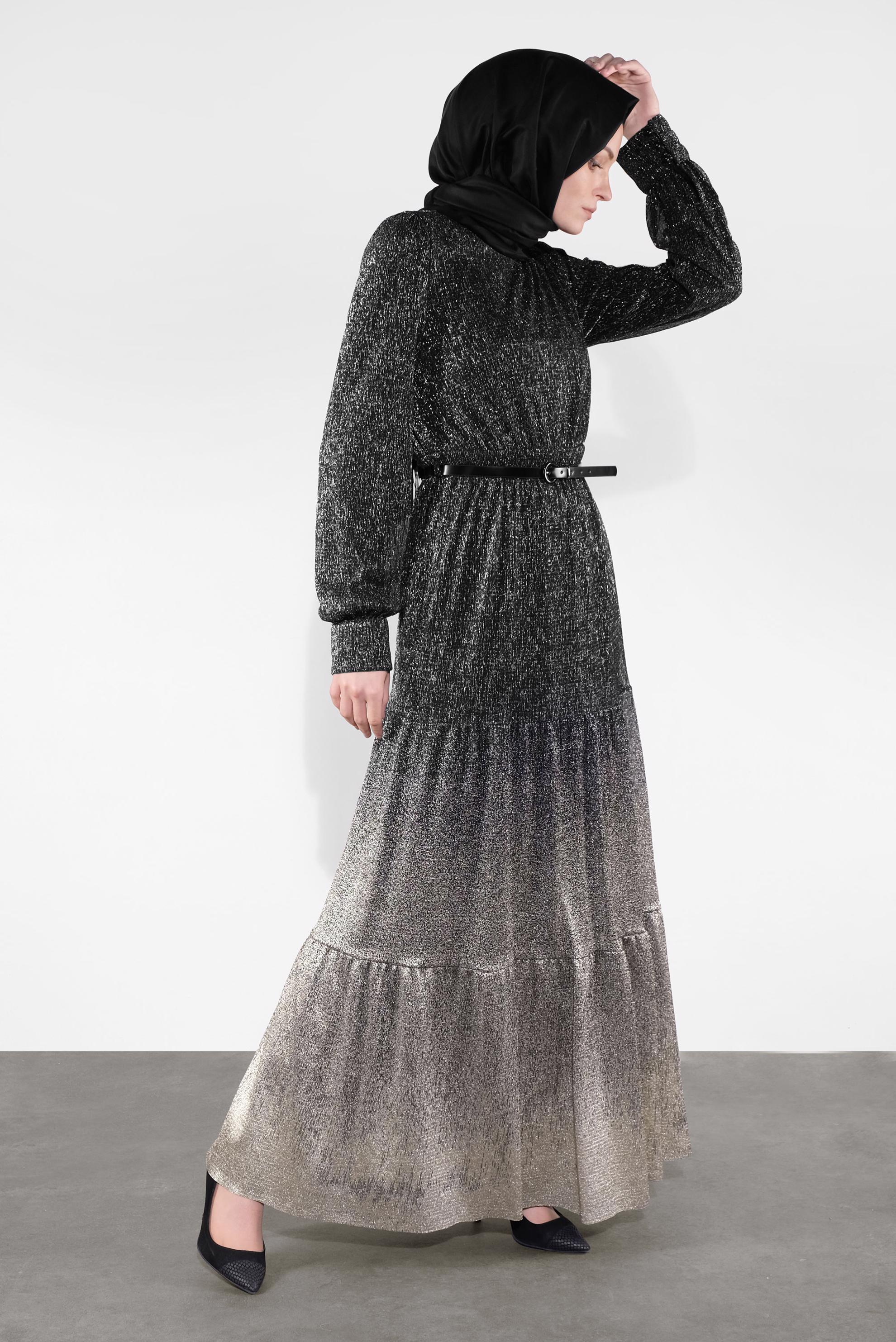 Tesettür giyim SİYAH KEMERLİ SİMLİ ABİYE 5622