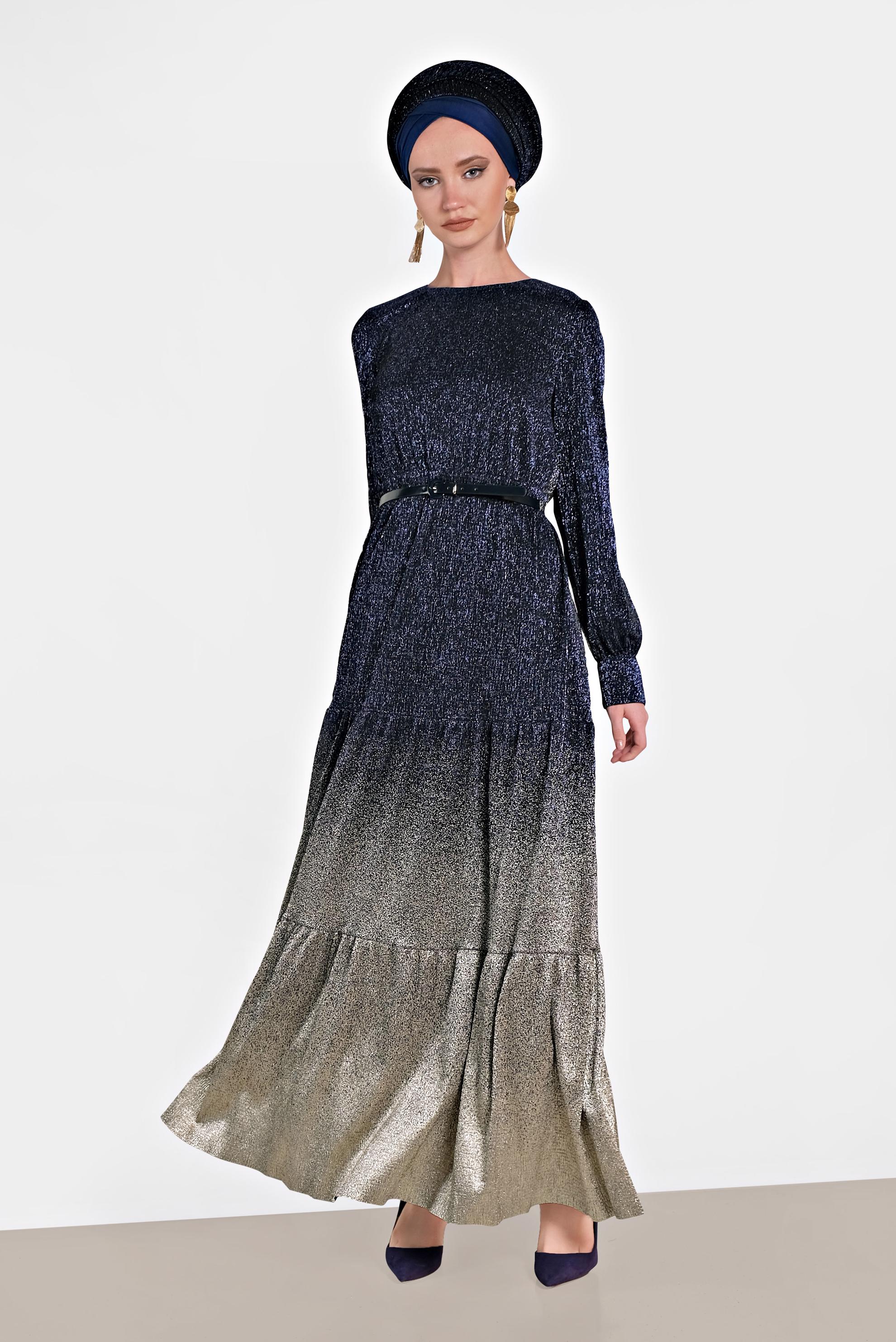 Tesettür giyim LACİVERT KEMERLİ SİMLİ ABİYE 5622