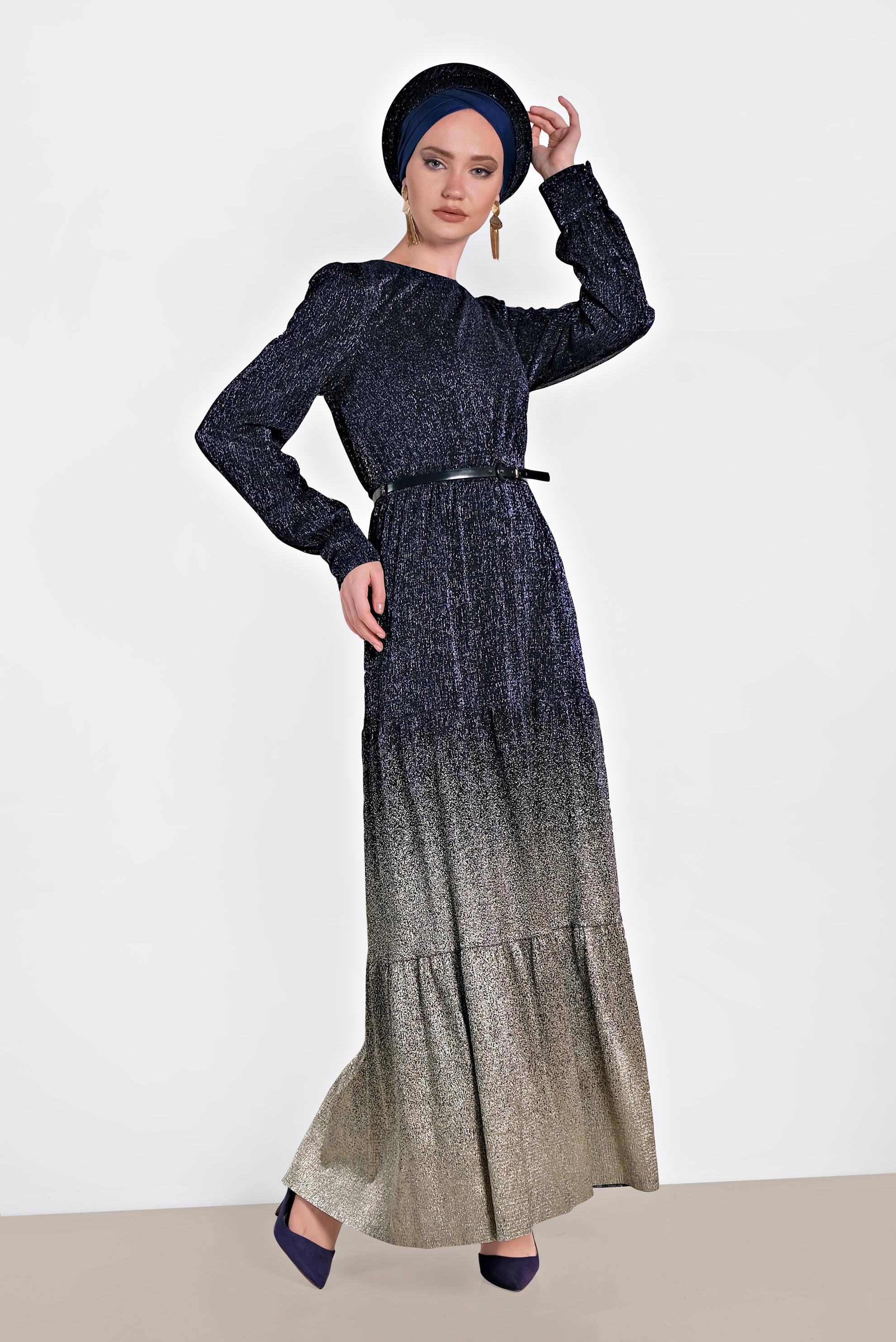 Tesettür giyim LACİVERT KEMERLİ SİMLİ ABİYE 5622