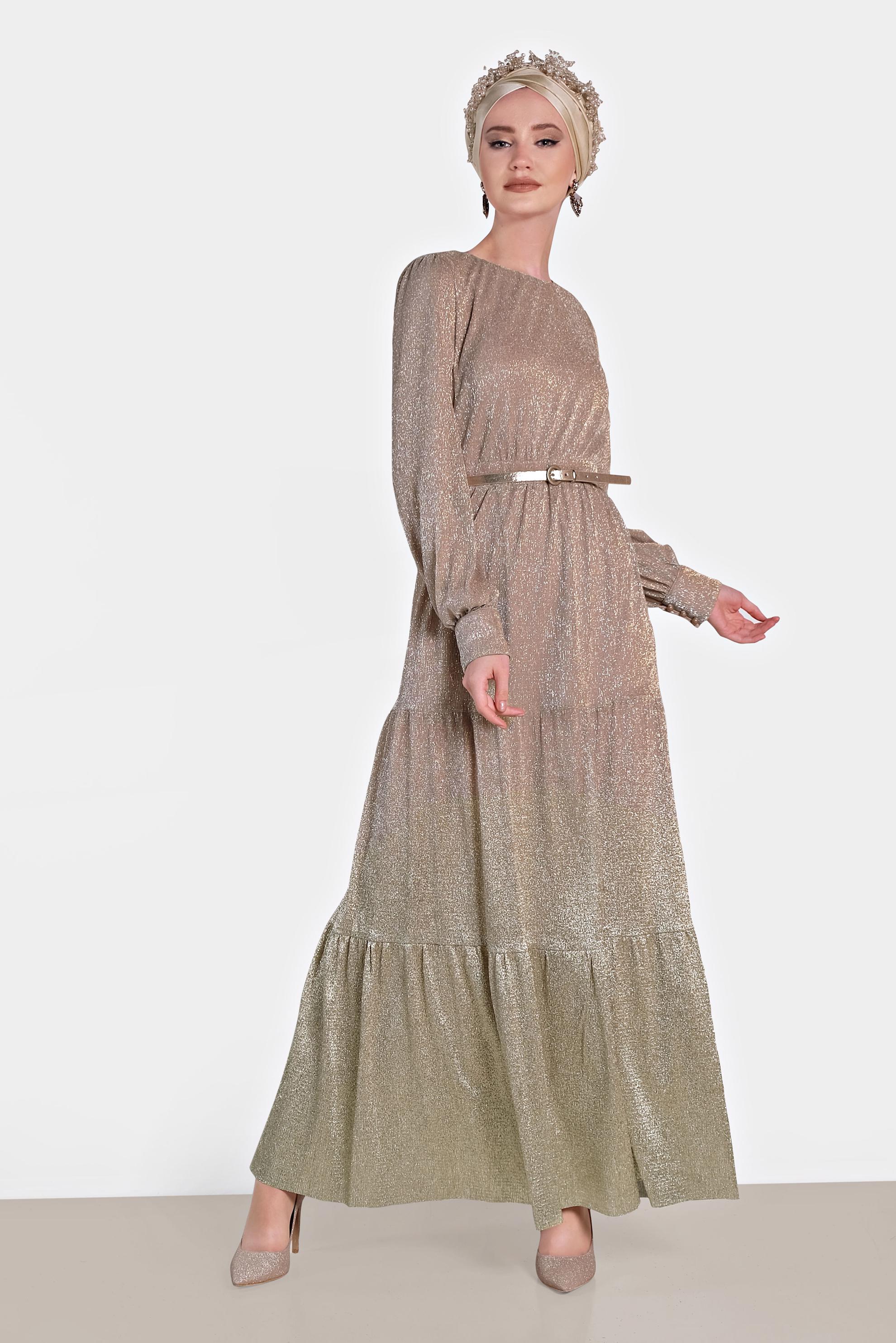 Tesettür giyim PUDRA KEMERLİ SİMLİ ABİYE 5622