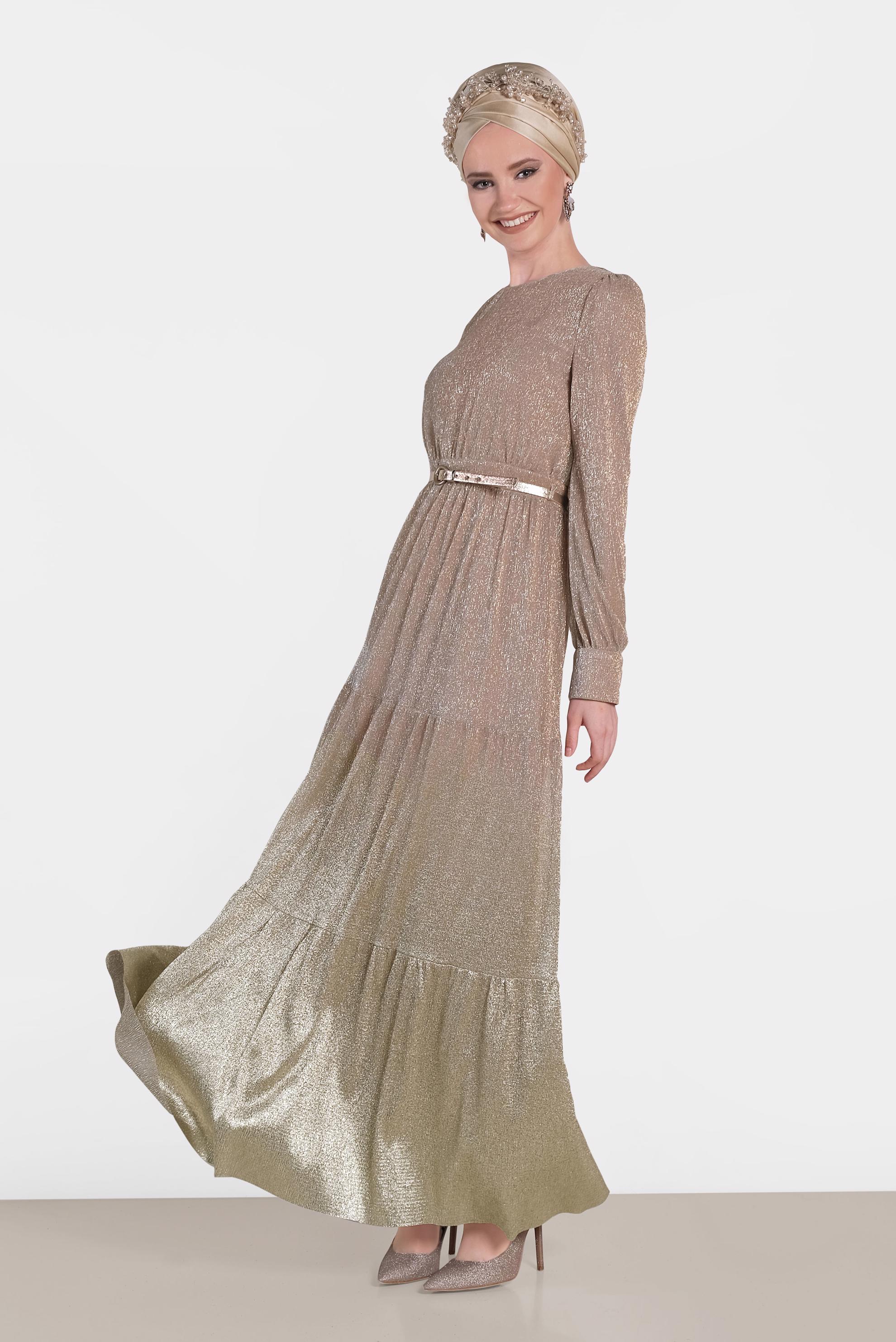 Tesettür giyim PUDRA KEMERLİ SİMLİ ABİYE 5622