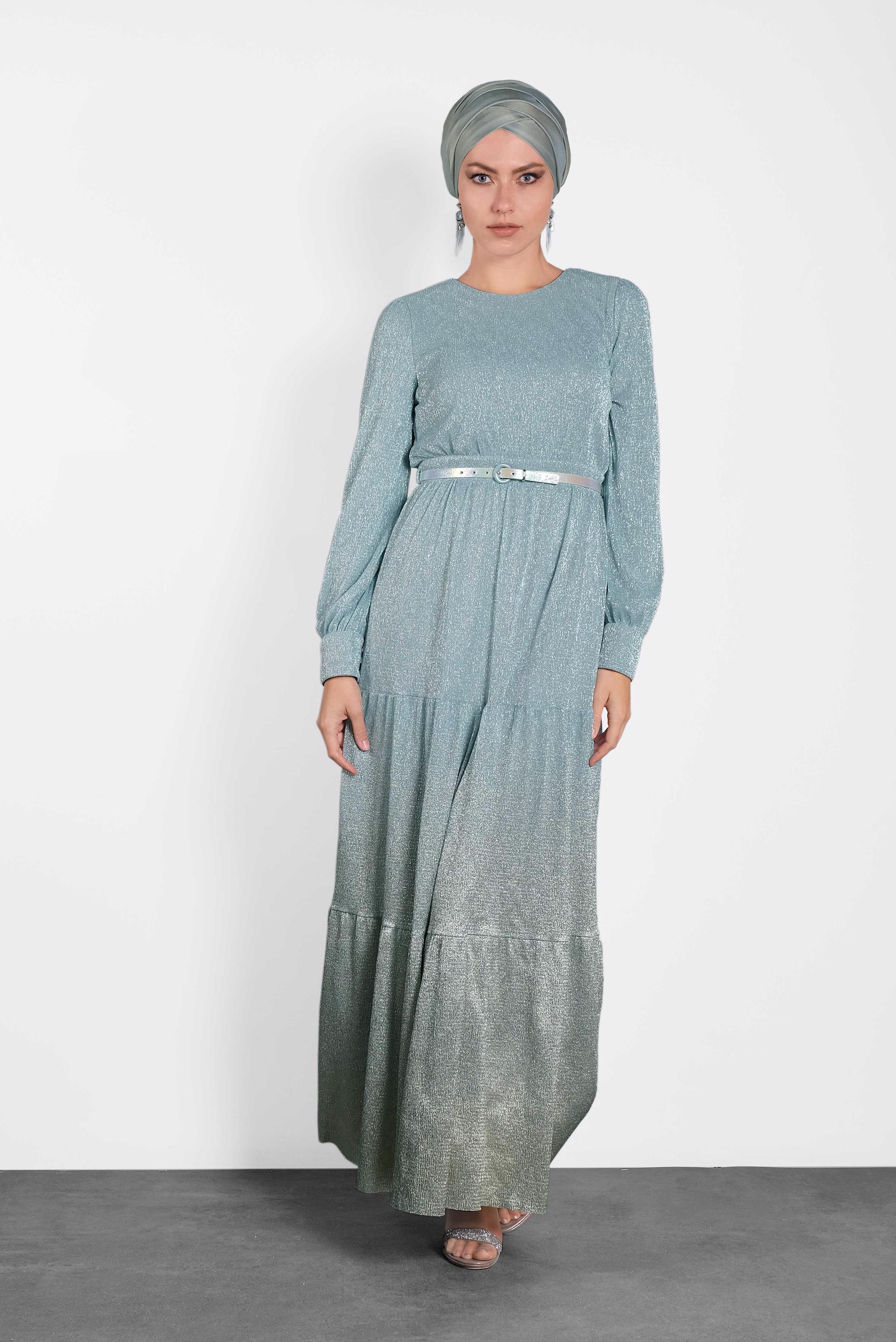 Tesettür giyim MAVİ KEMERLİ SİMLİ ABİYE 5622