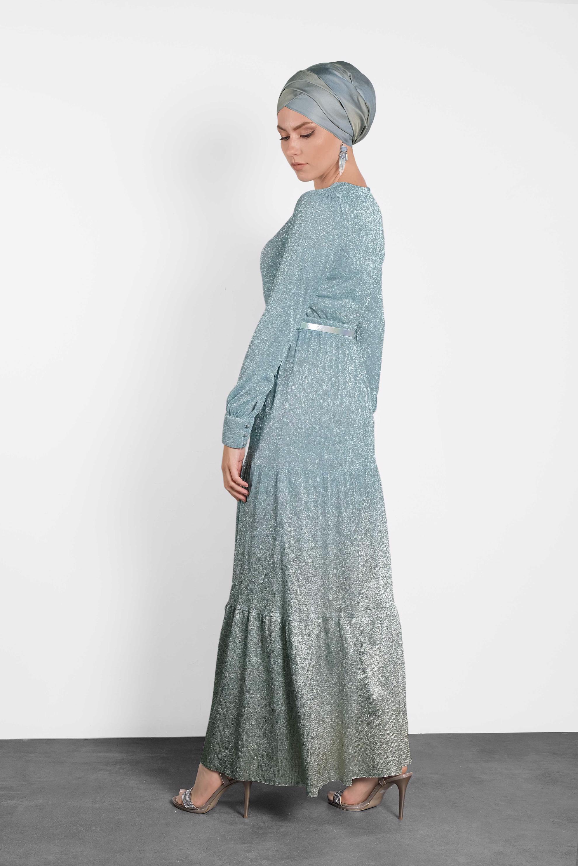 Tesettür giyim MAVİ KEMERLİ SİMLİ ABİYE 5622