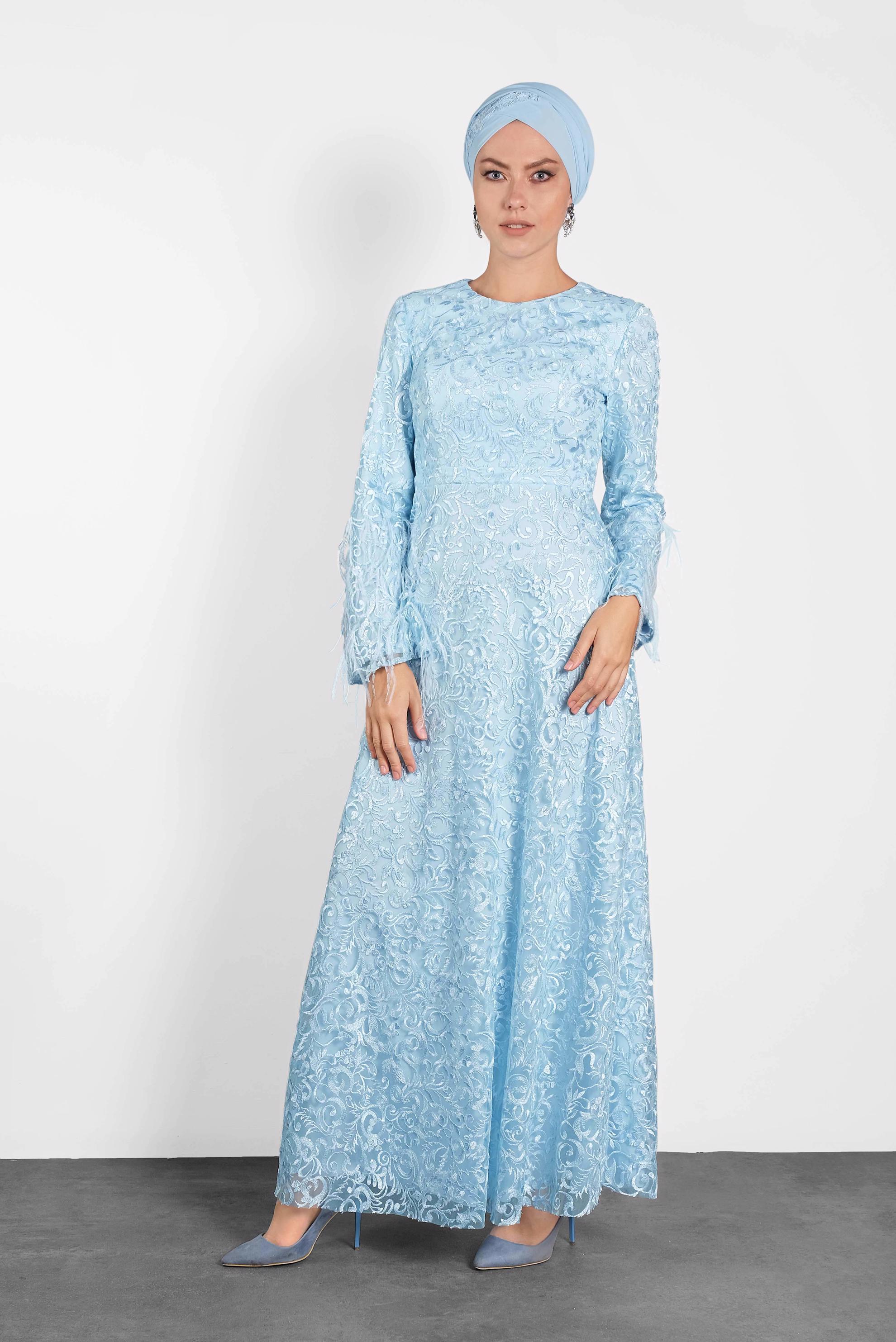 Tesettür giyim MAVİ TÜY DETAYLI GÜPÜR ABİYE ELBİSE 5623 