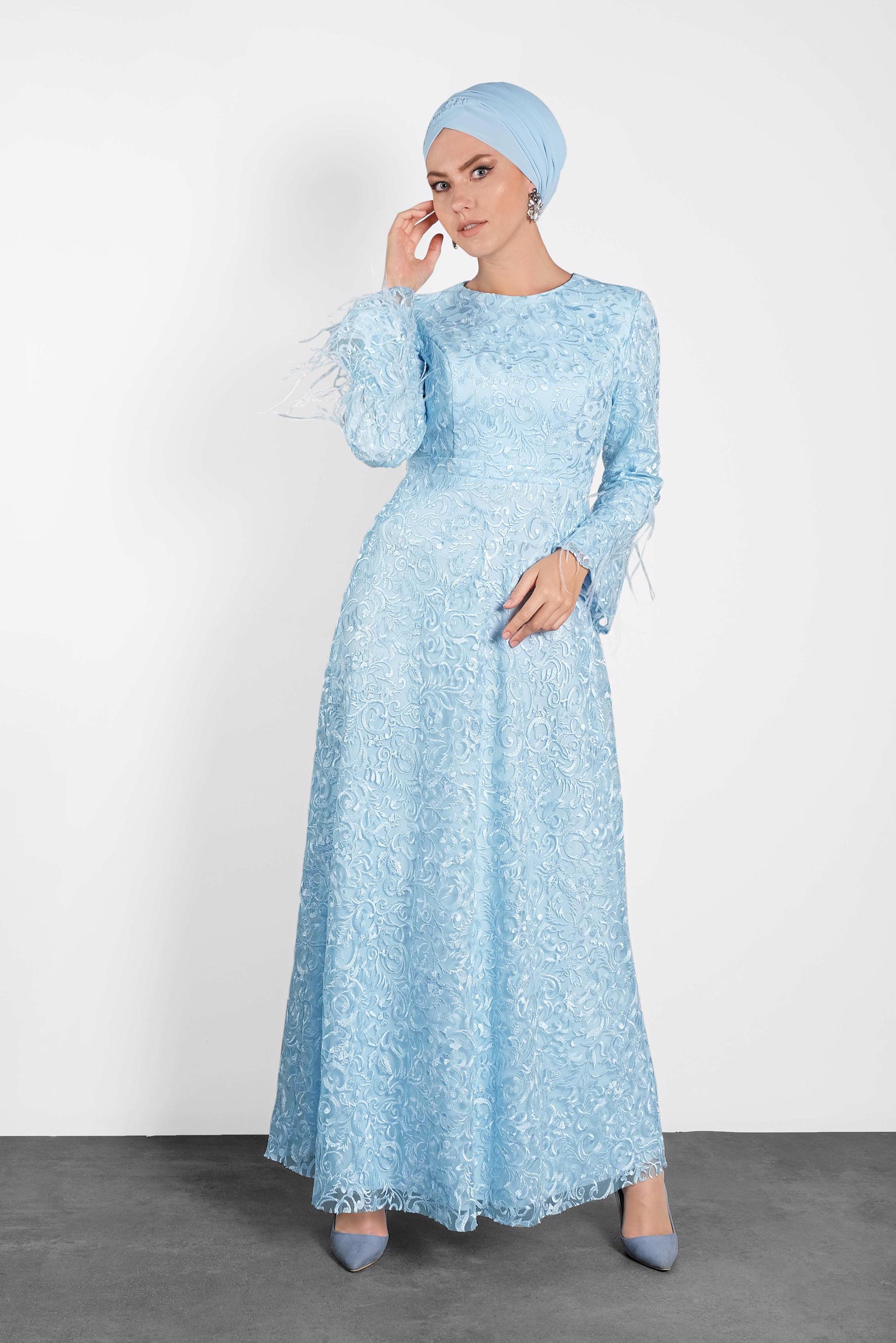 Tesettür giyim MAVİ TÜY DETAYLI GÜPÜR ABİYE ELBİSE 5623 