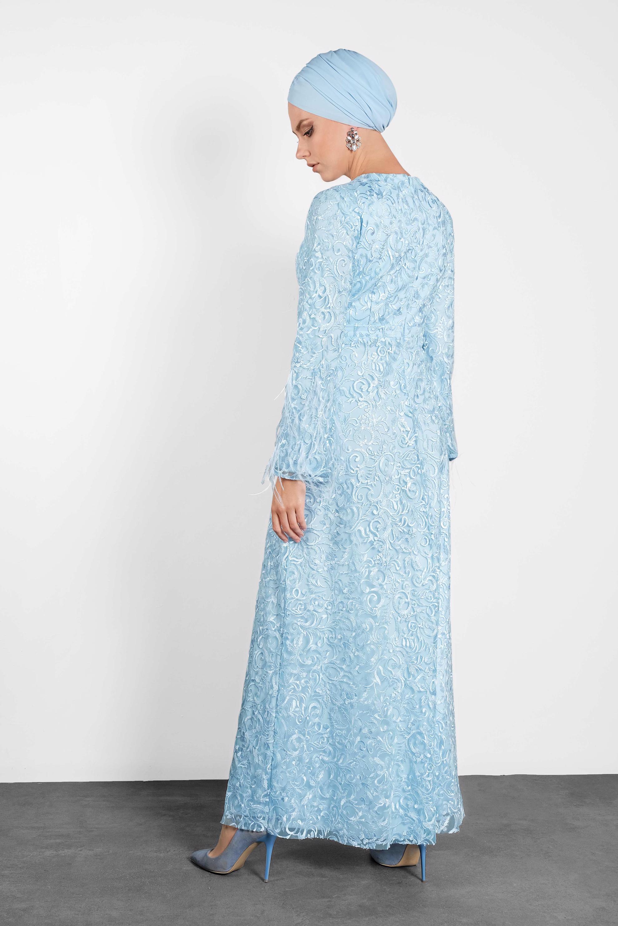 Tesettür giyim MAVİ TÜY DETAYLI GÜPÜR ABİYE ELBİSE 5623 