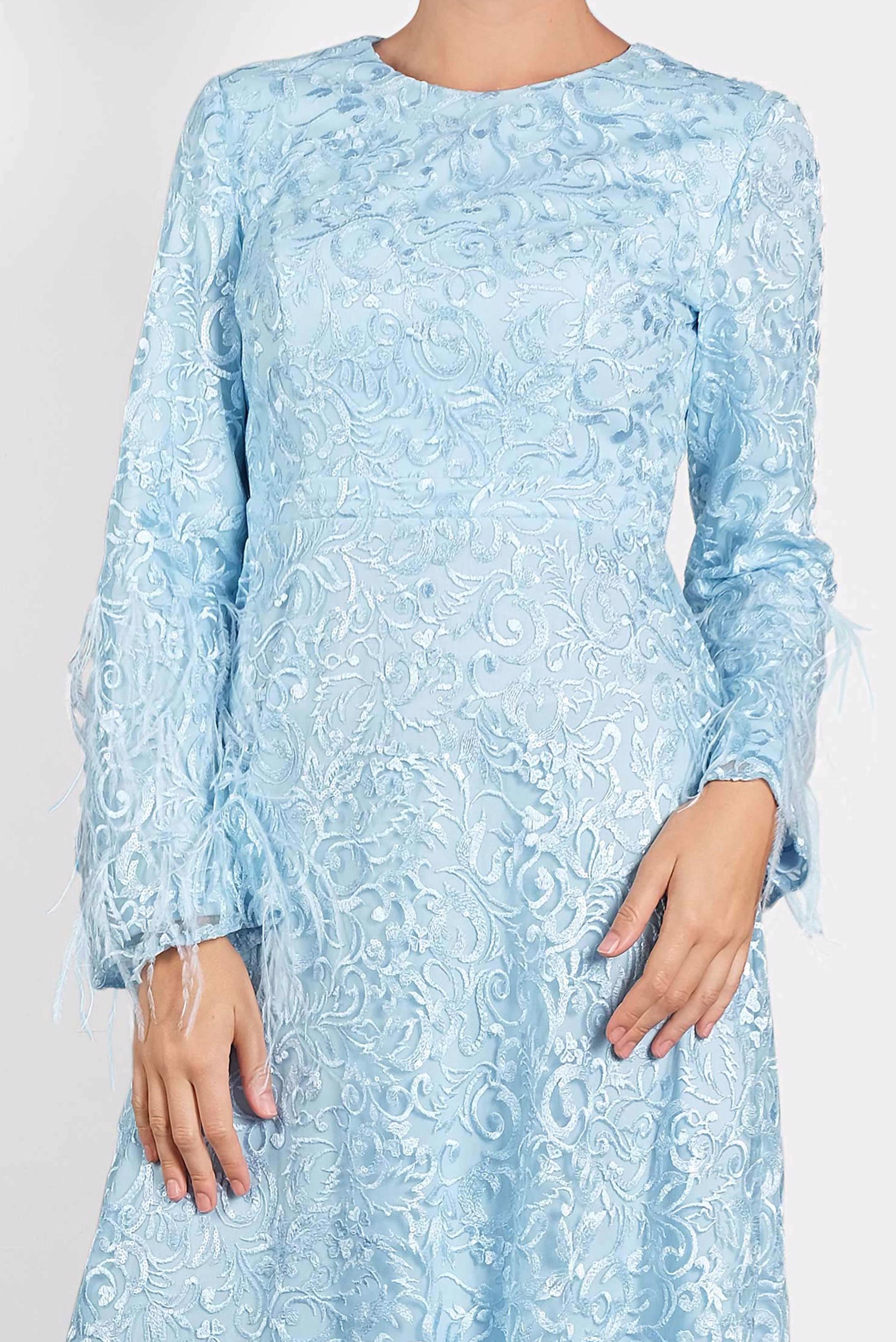 Tesettür giyim MAVİ TÜY DETAYLI GÜPÜR ABİYE ELBİSE 5623 