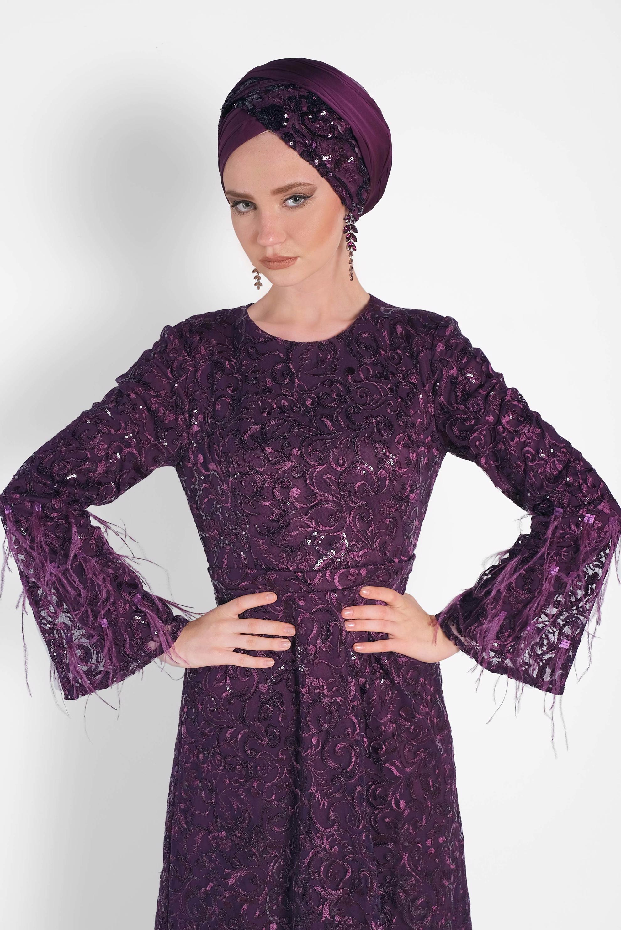 Tesettür giyim MÜRDÜM TÜY DETAYLI GÜPÜR ABİYE ELBİSE 5623 