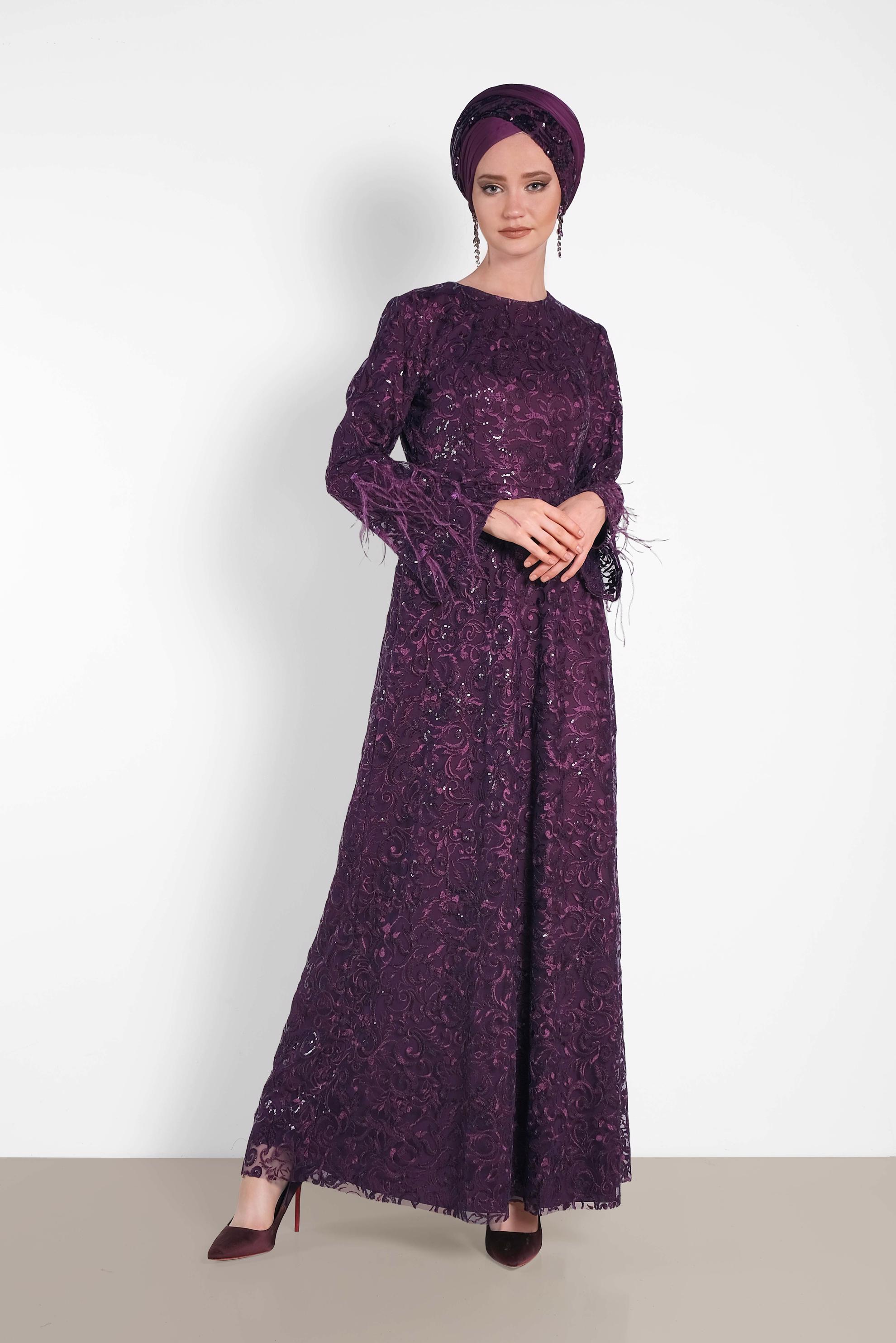 Tesettür giyim MÜRDÜM TÜY DETAYLI GÜPÜR ABİYE ELBİSE 5623 