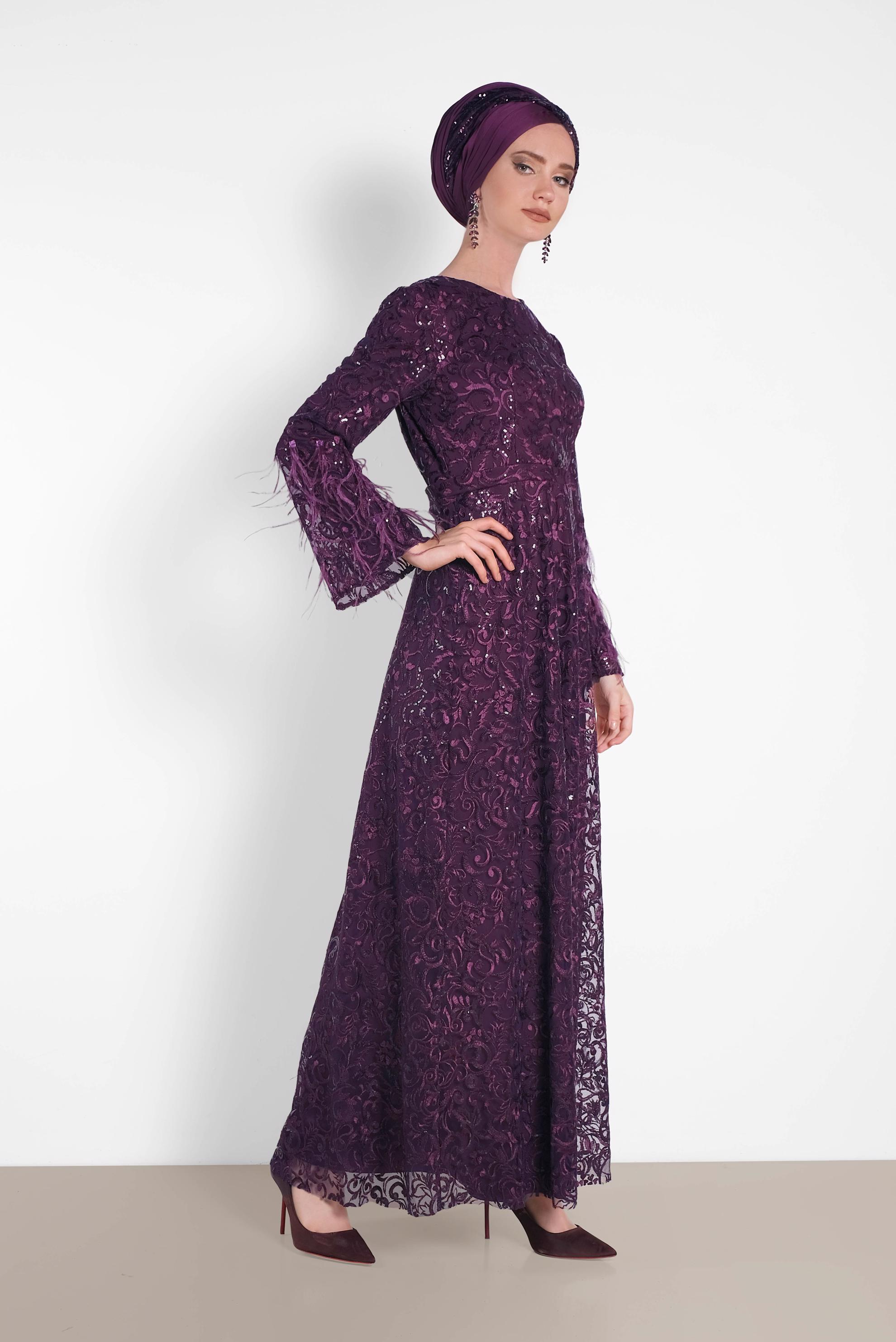 Tesettür giyim MÜRDÜM TÜY DETAYLI GÜPÜR ABİYE ELBİSE 5623 