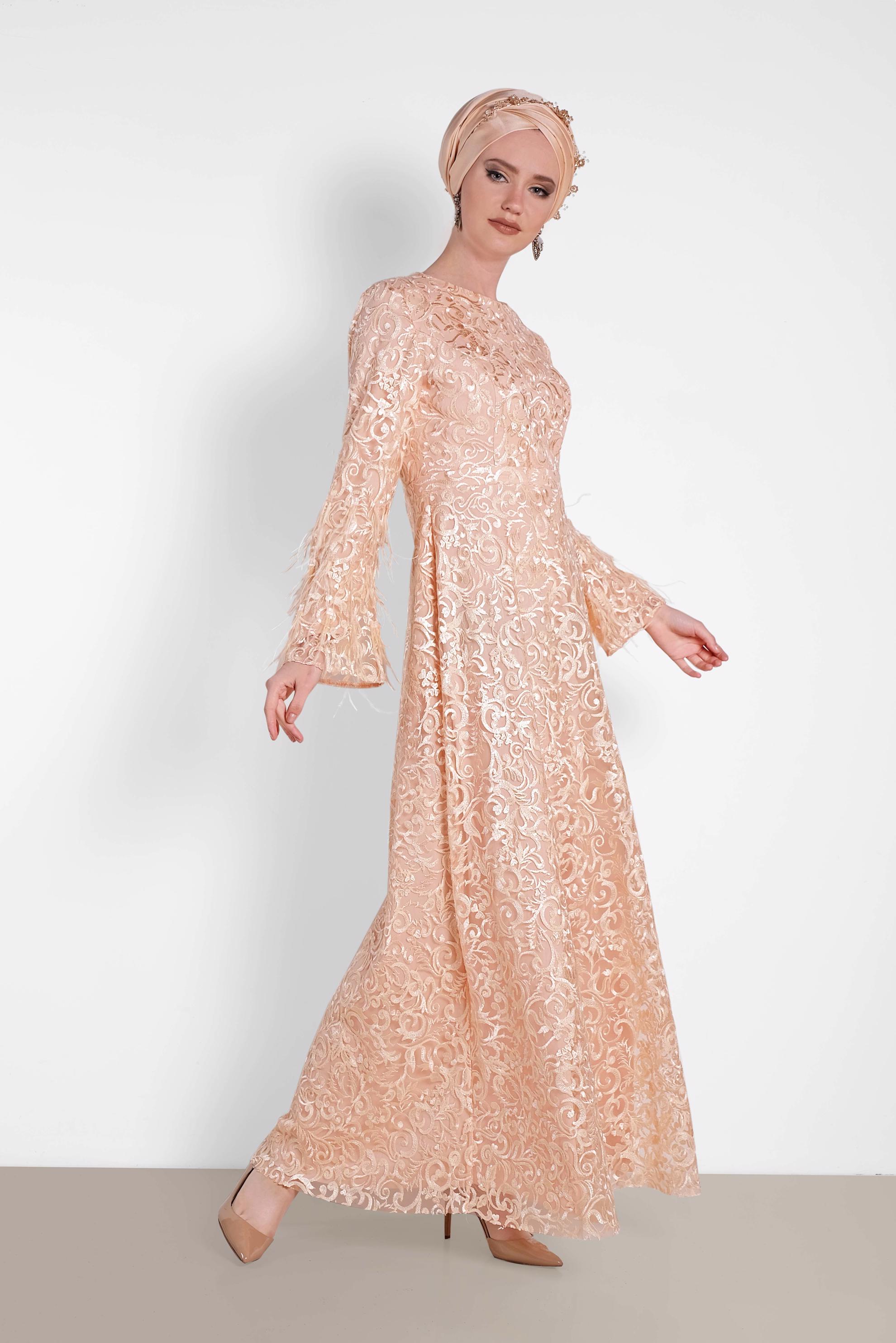 Tesettür giyim PUDRA TÜY DETAYLI GÜPÜR ABİYE ELBİSE 5623 