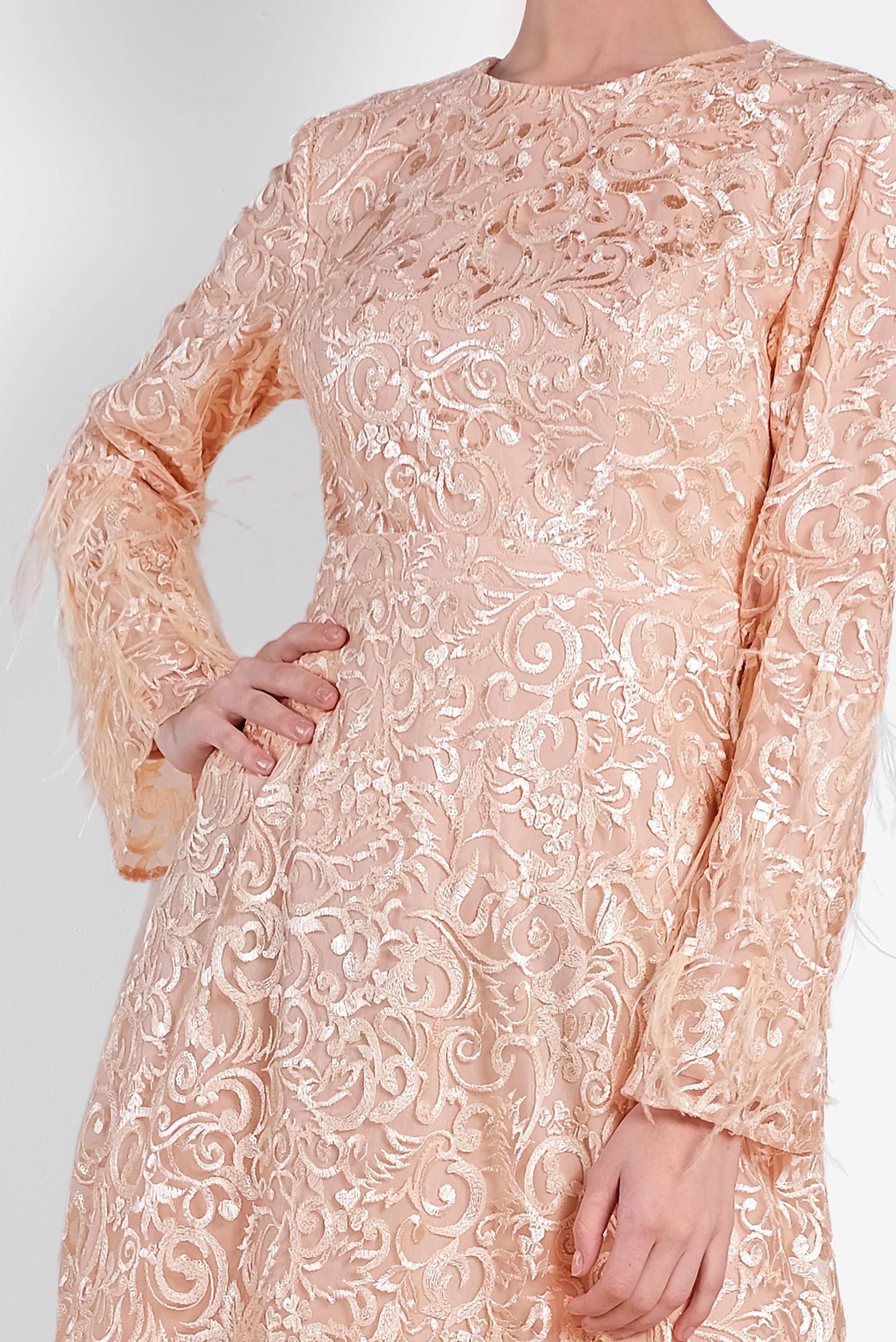 Tesettür giyim PUDRA TÜY DETAYLI GÜPÜR ABİYE ELBİSE 5623 