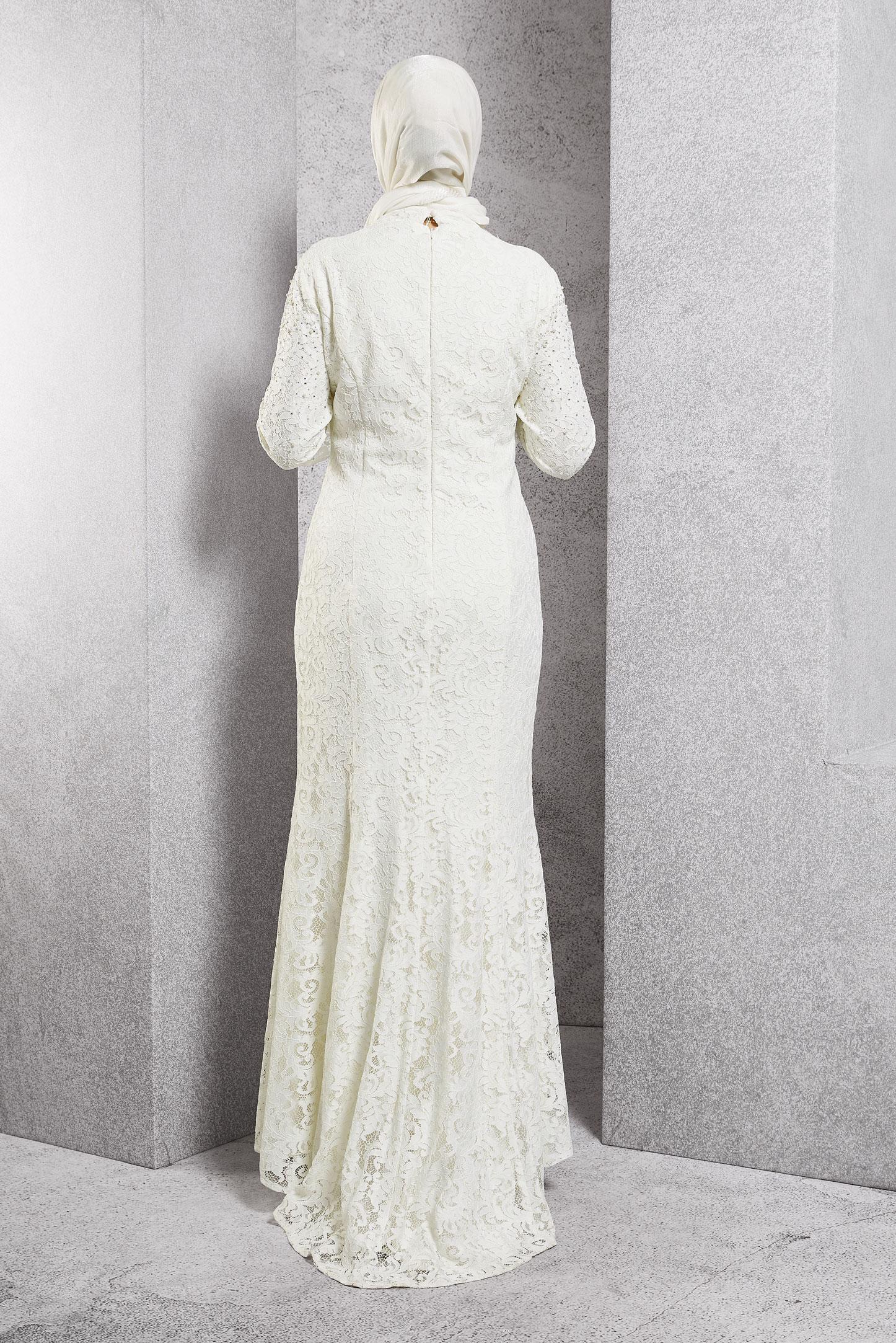 Tesettür giyim BEYAZ DANTEL VE İNCİ İŞLEMELİ BALIK MODEL ABİYE ELBİSE 5519-1