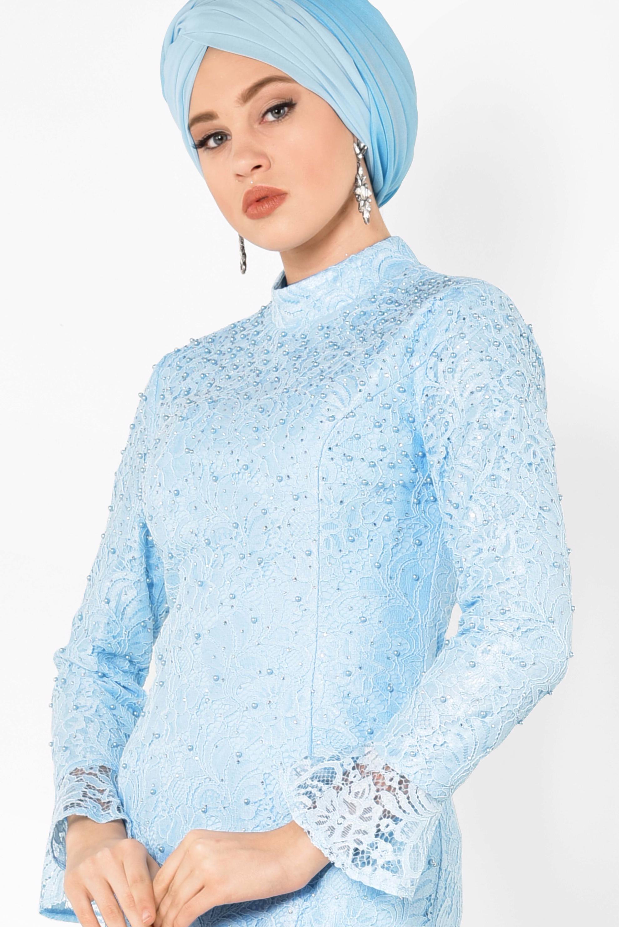 Tesettür giyim MAVİ DANTEL VE İNCİ İŞLEMELİ BALIK MODEL ABİYE ELBİSE 5519-1