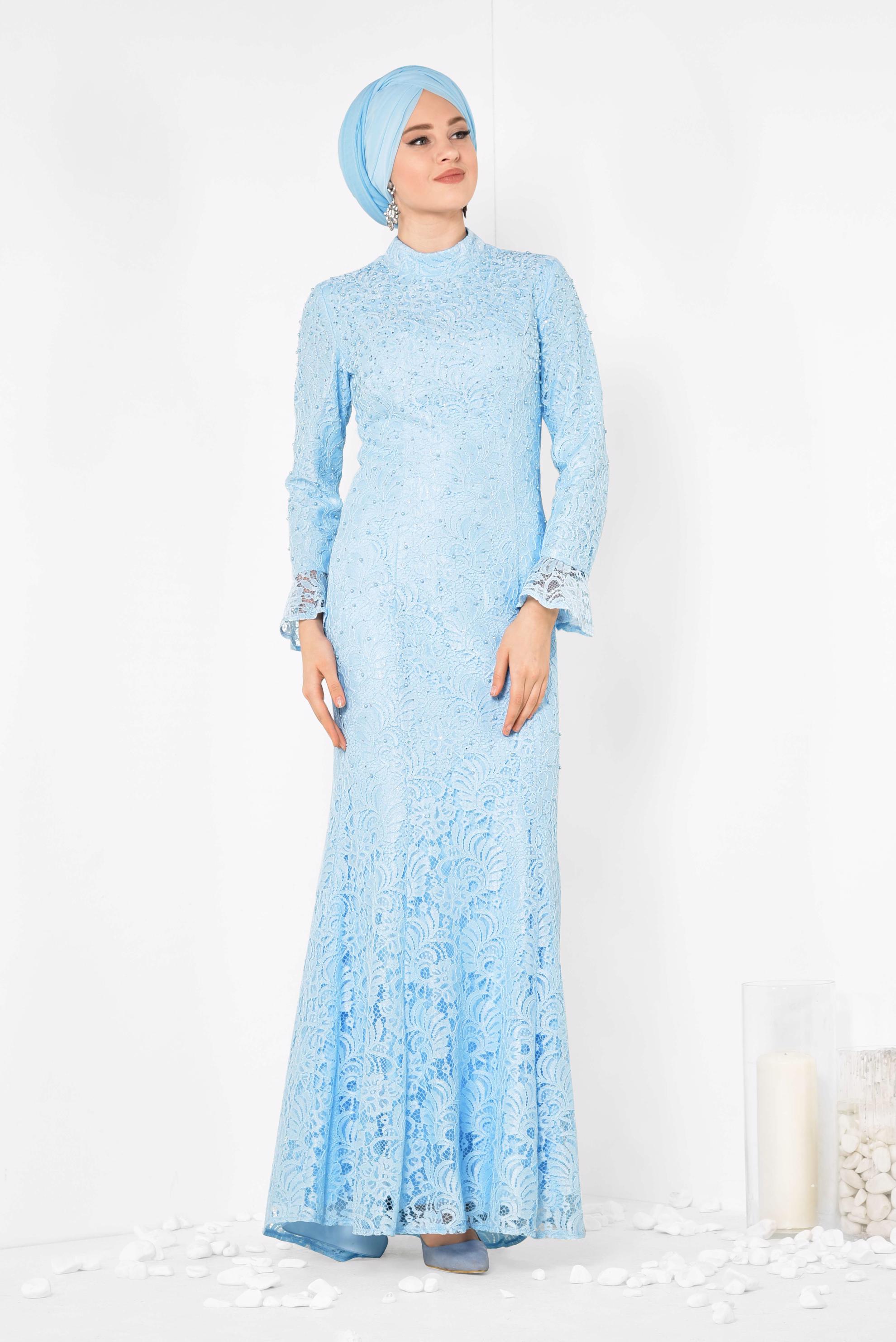 Tesettür giyim MAVİ DANTEL VE İNCİ İŞLEMELİ BALIK MODEL ABİYE ELBİSE 5519-1