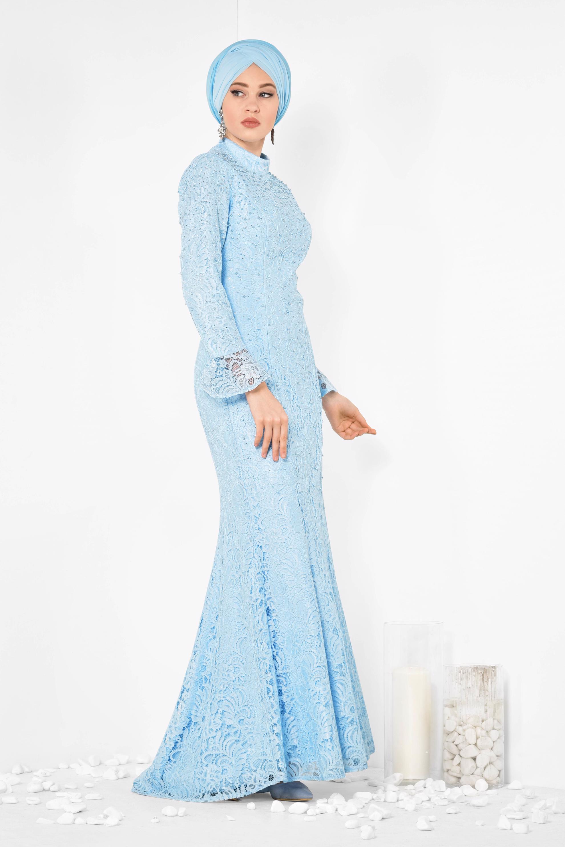 Tesettür giyim MAVİ DANTEL VE İNCİ İŞLEMELİ BALIK MODEL ABİYE ELBİSE 5519-1