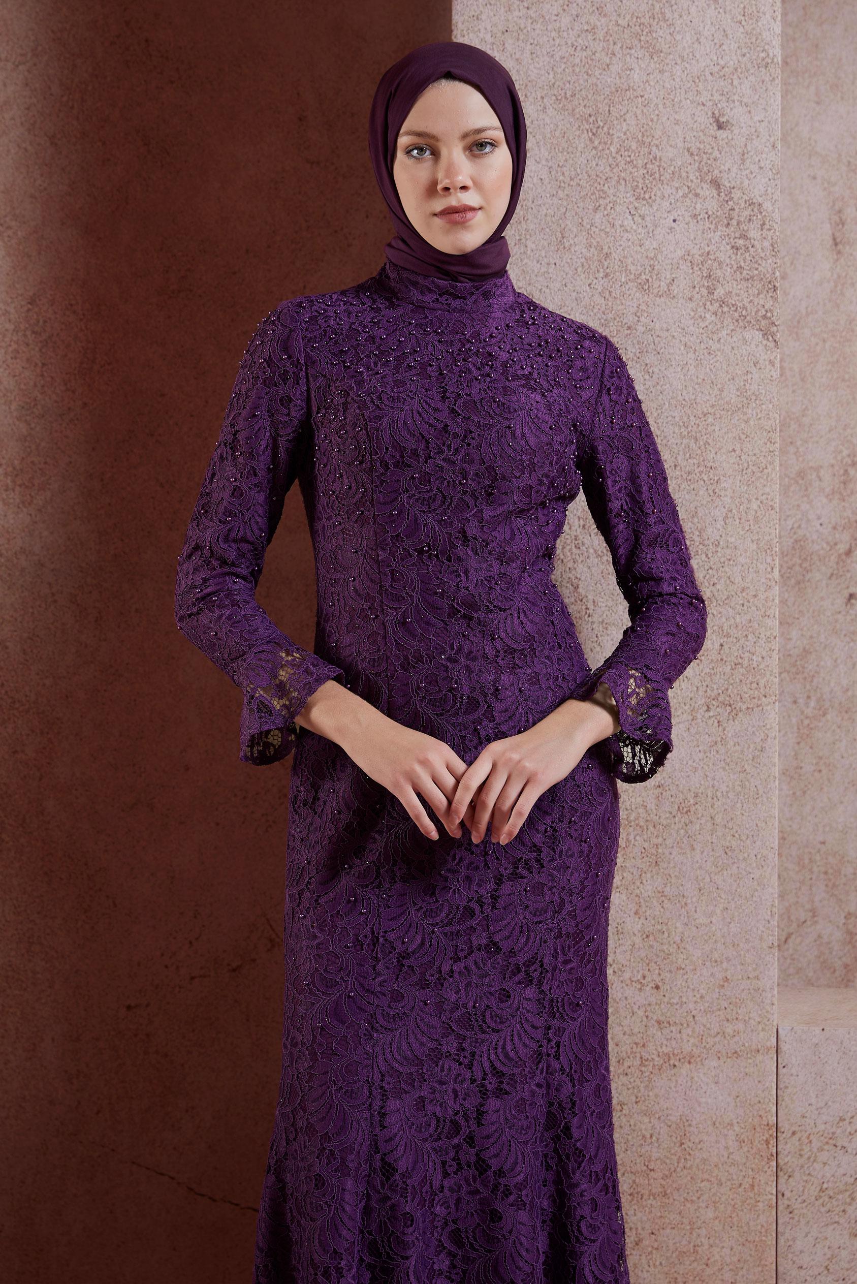 Tesettür giyim MOR DANTEL VE İNCİ İŞLEMELİ BALIK MODEL ABİYE ELBİSE 5519-1