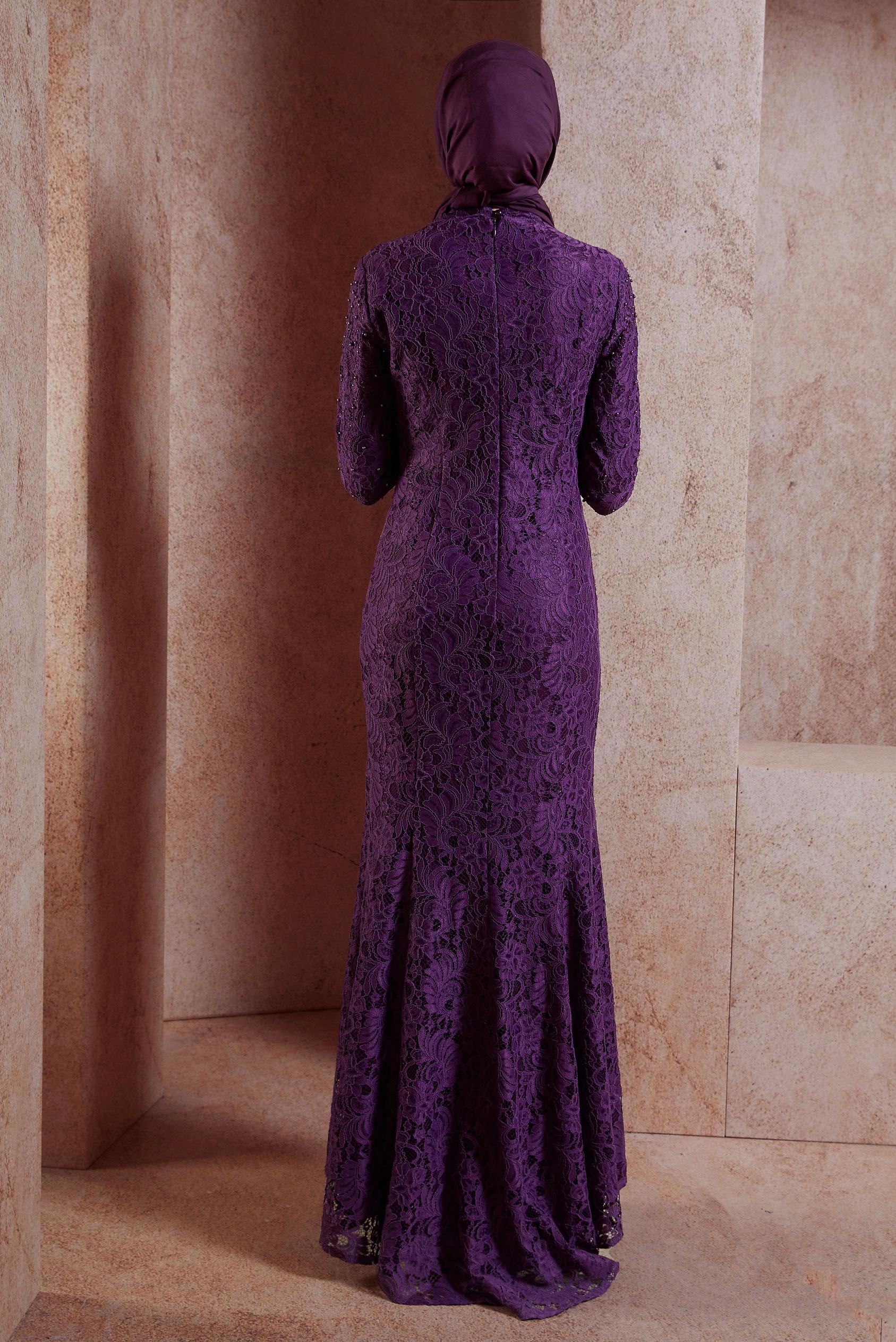 Tesettür giyim MOR DANTEL VE İNCİ İŞLEMELİ BALIK MODEL ABİYE ELBİSE 5519-1