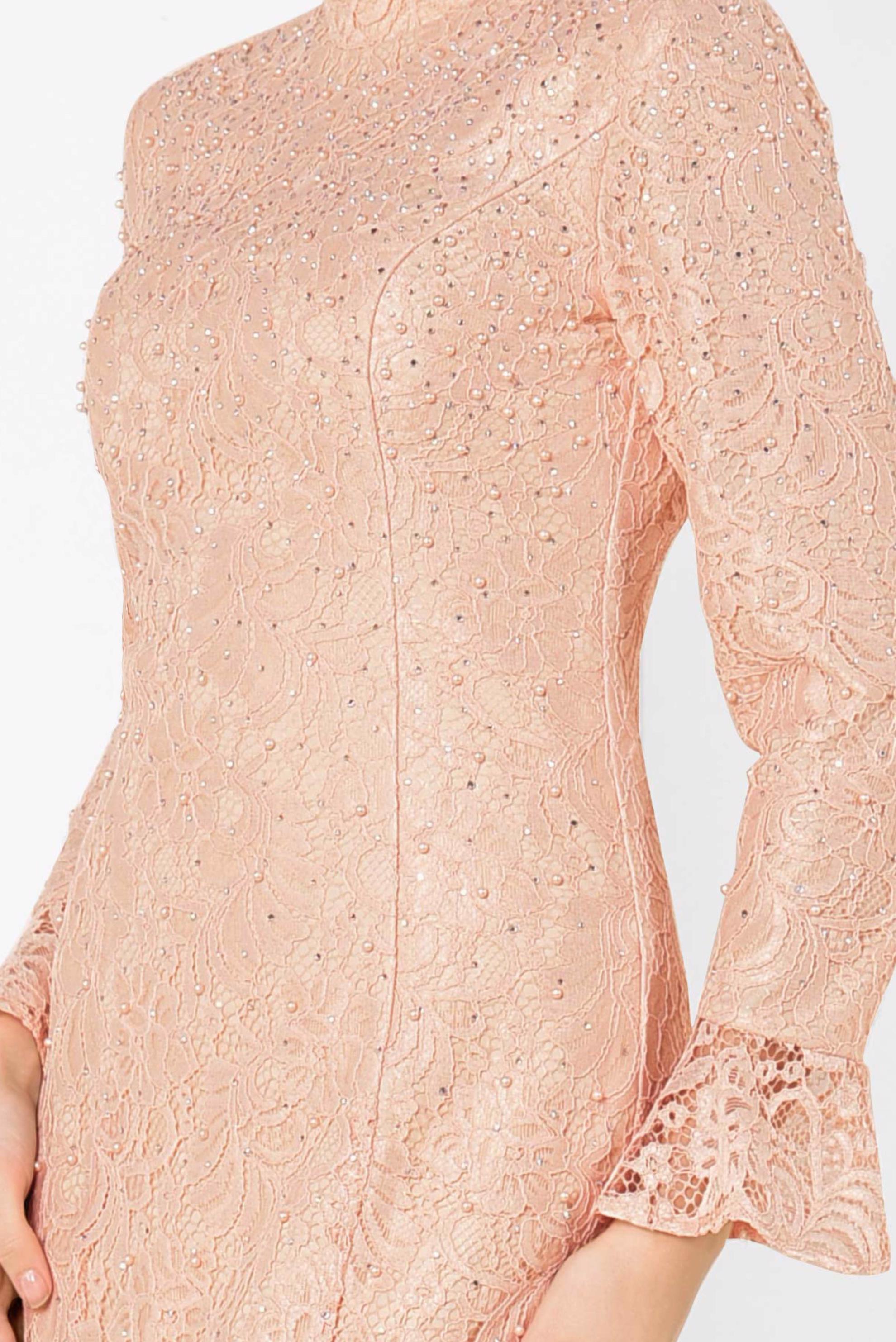 Tesettür giyim PUDRA DANTEL VE İNCİ İŞLEMELİ BALIK MODEL ABİYE ELBİSE 5519-1