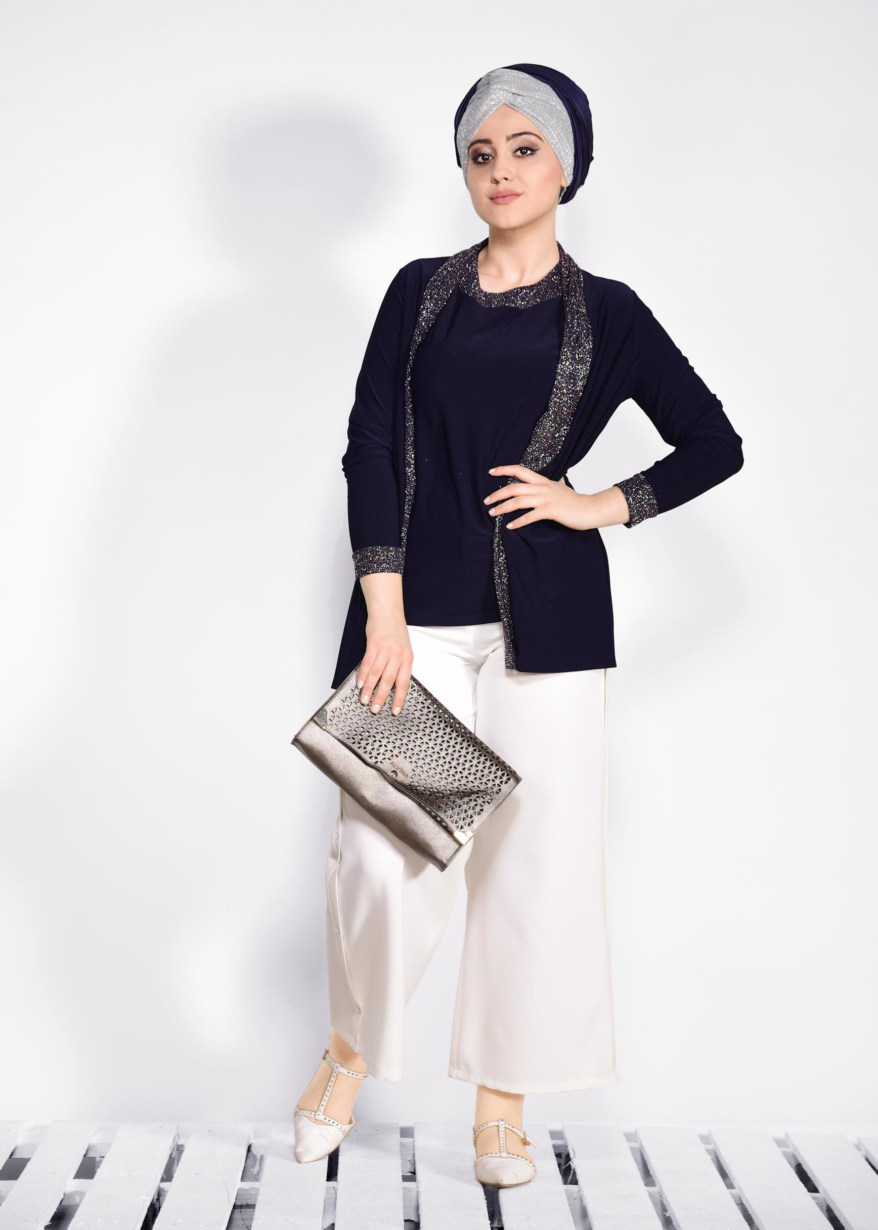 Tesettür giyim LACİVERT  İKİLİ SİMLİ BLUZ 2806 
