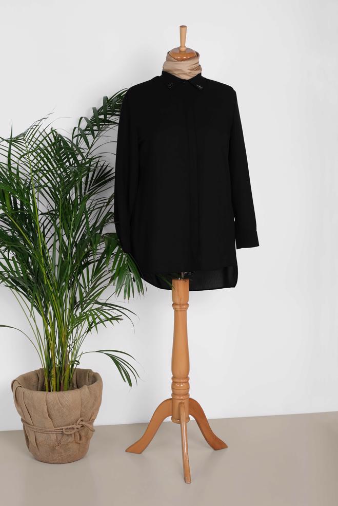 Vêtements hijab NOIR BLOUSE COL CHEMISE 2852 - ALVİNA