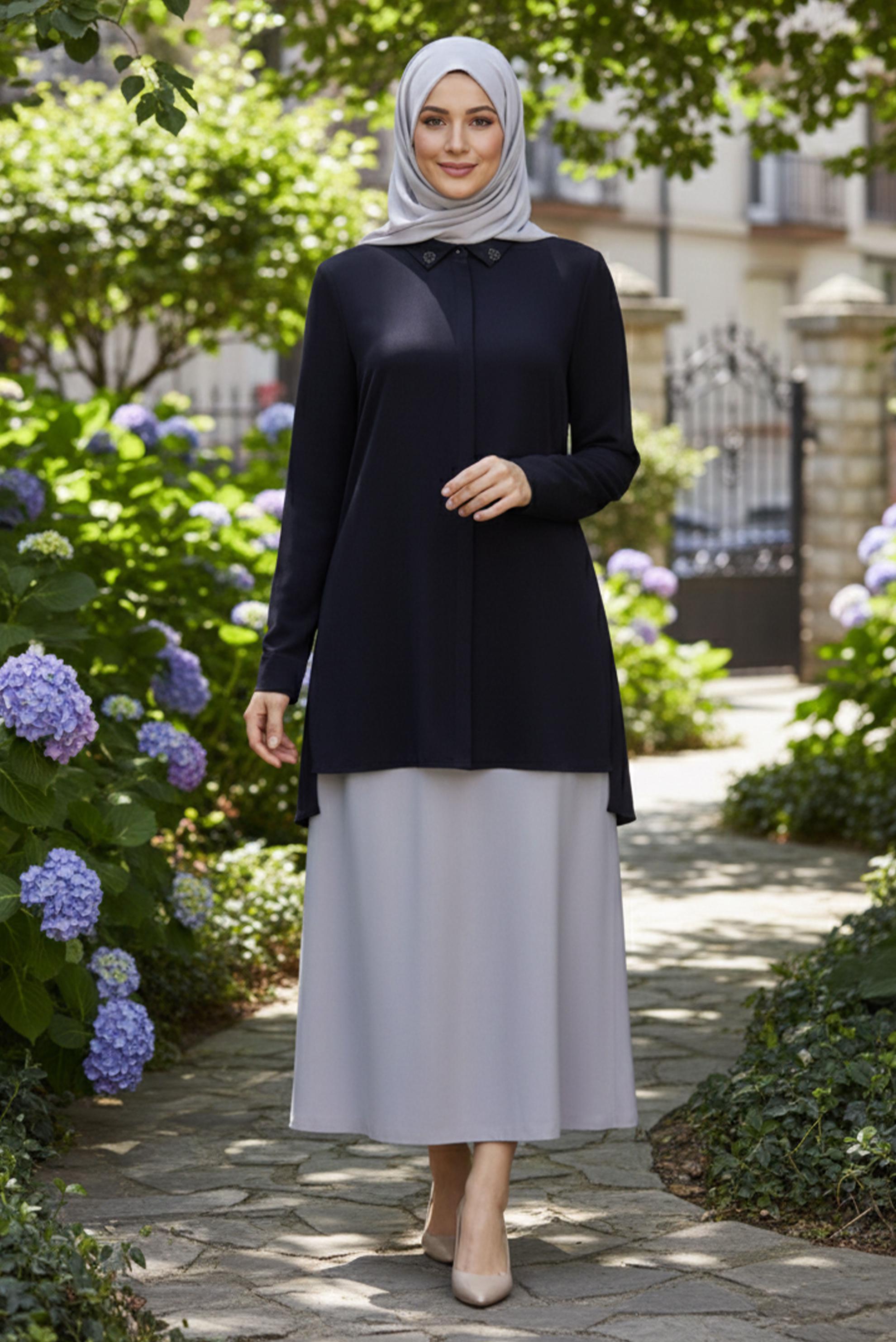 Tesettür giyim LACİVERT GÖMLEK YAKA BLUZ 2852