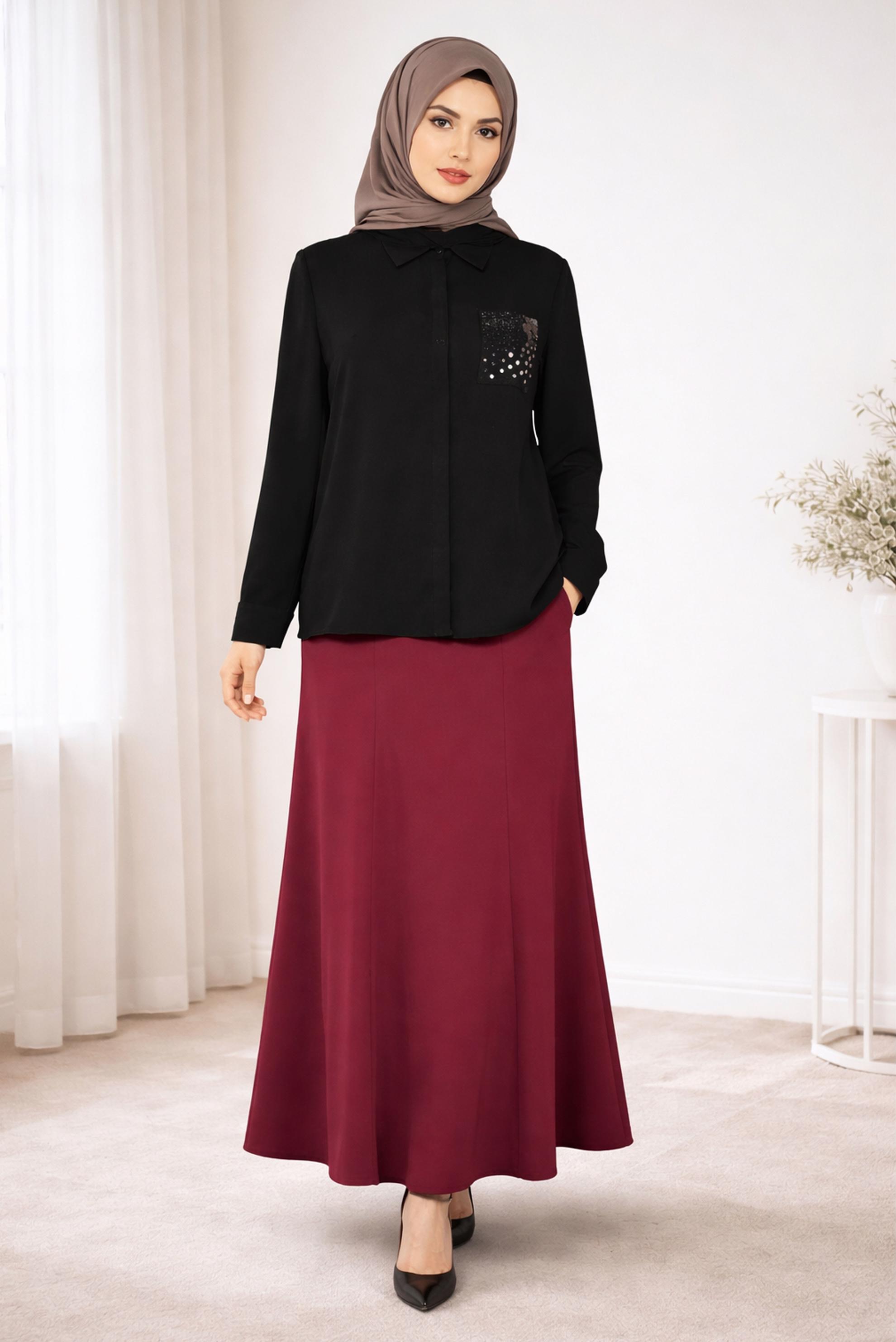 Tesettür giyim SİYAH TAŞ BASKI DETAYLI BLUZ 2867