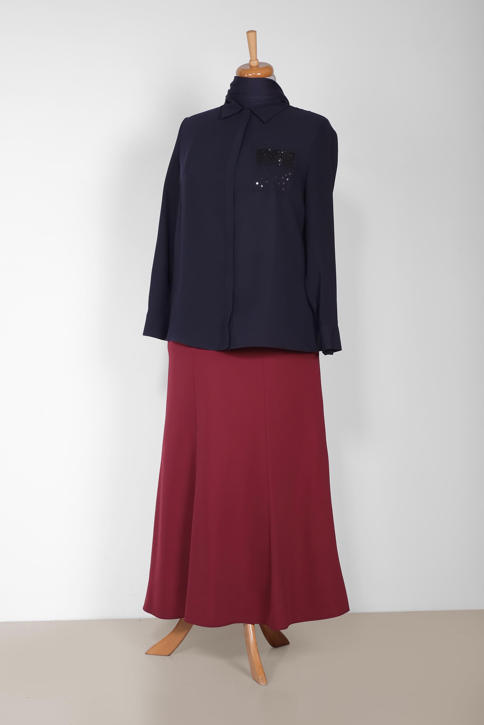 Tesettür giyim LACİVERT TAŞ BASKI DETAYLI ERKEK YAKA BLUZ 2867 