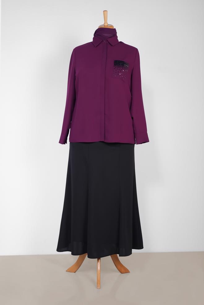 Vêtements hijab PRUNE CHEMISIER DÉTAILLÉ DE GEMME 2867 - ALVİNA