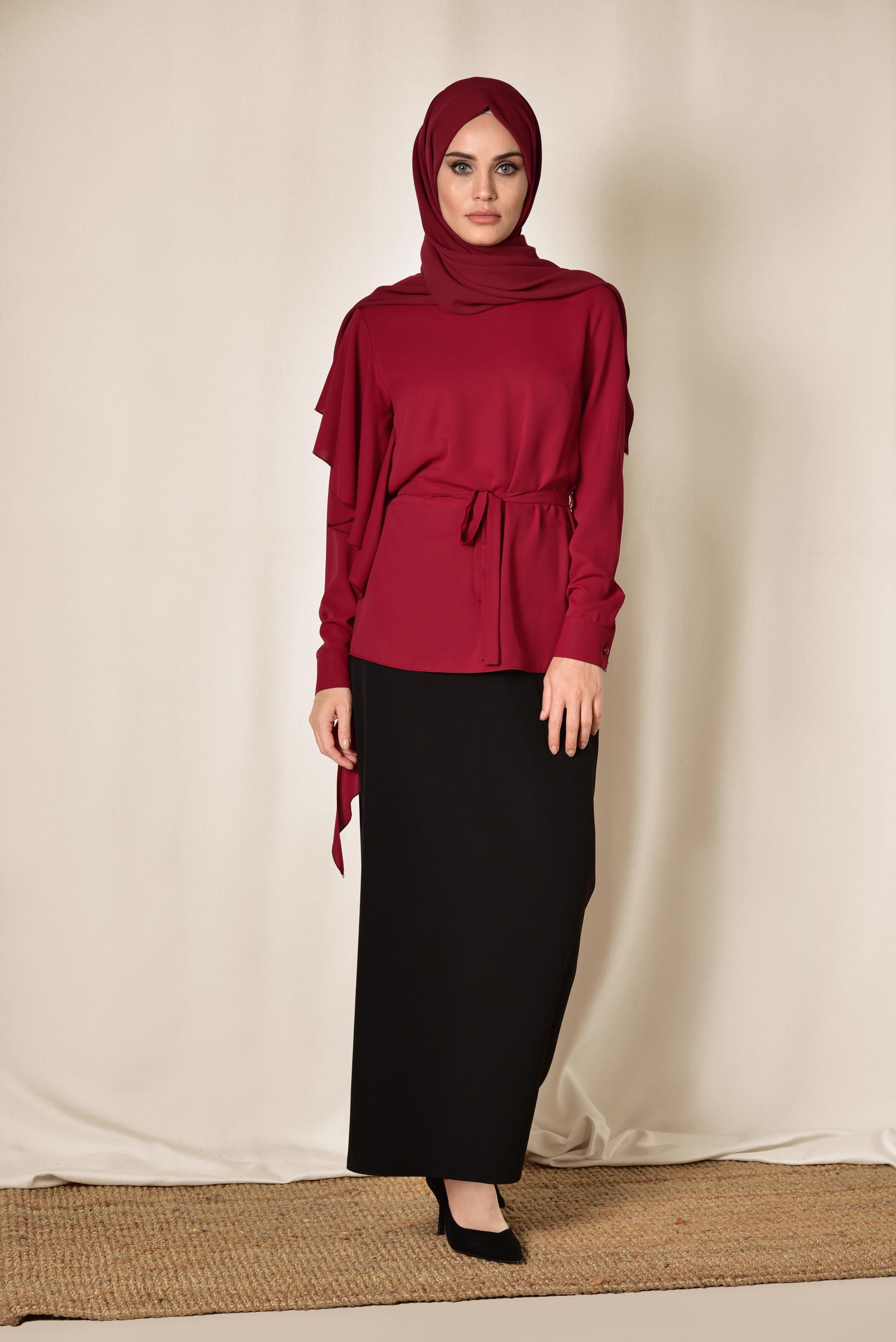Tesettür giyim BORDO VOLAN DETAYLI BLUZ 4062