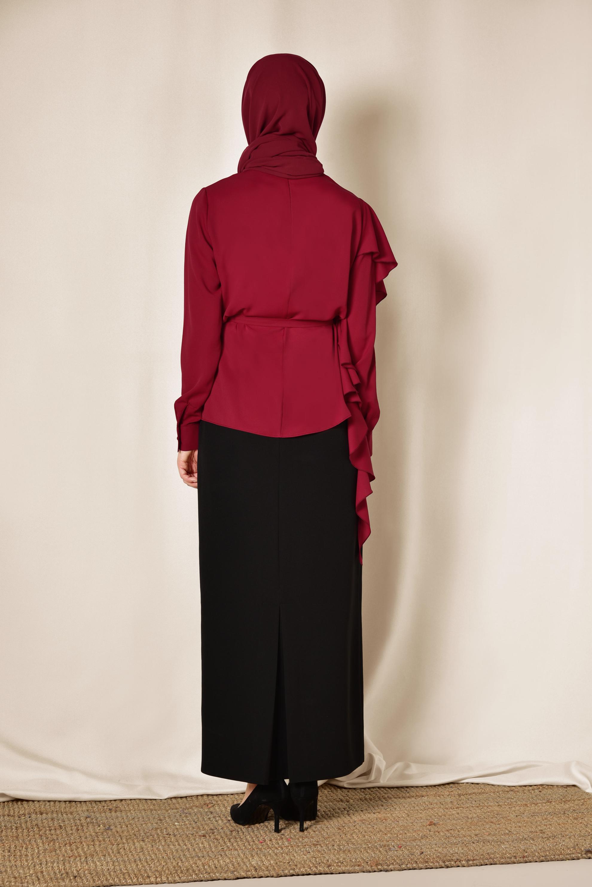 Tesettür giyim BORDO VOLAN DETAYLI BLUZ 4062