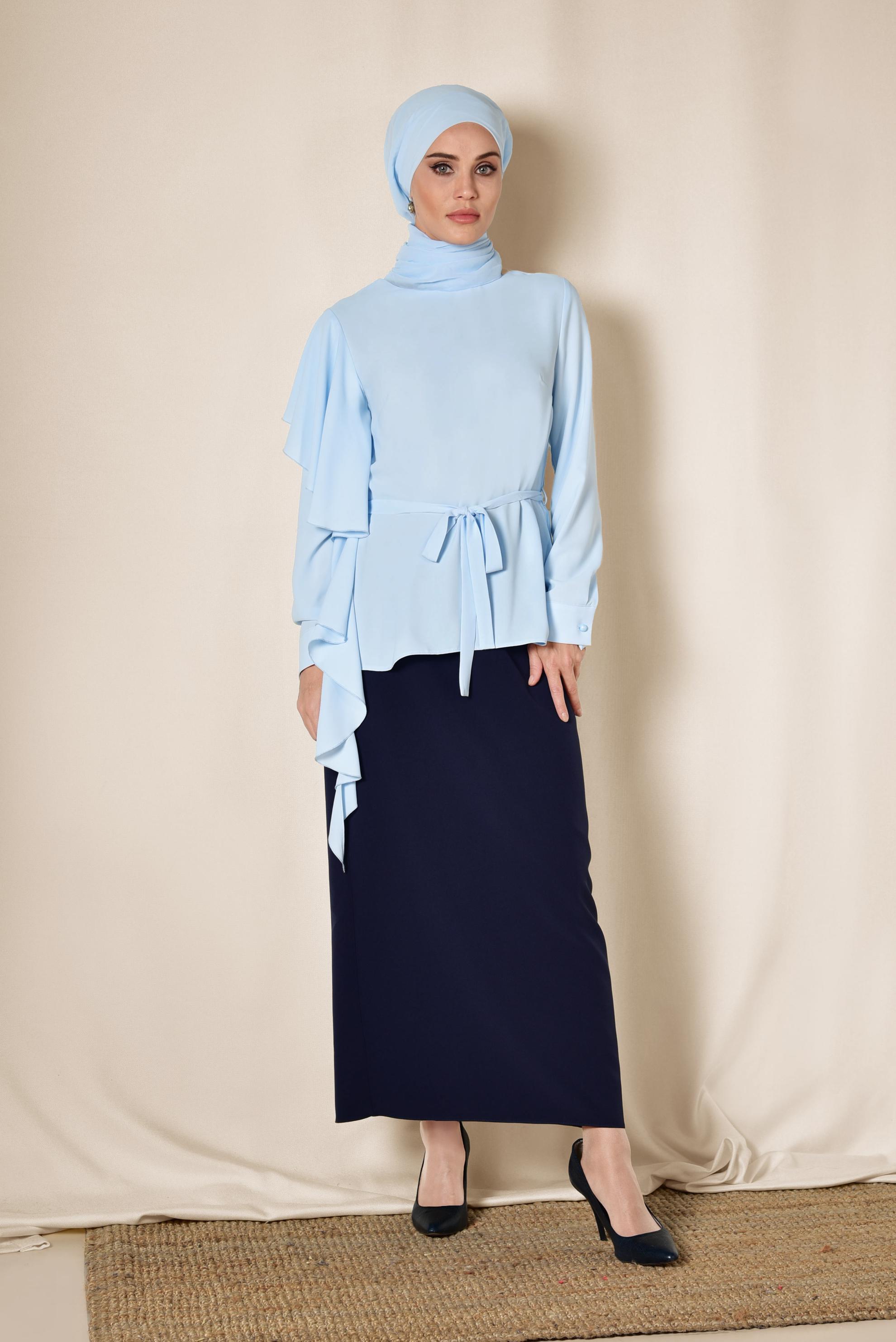 Tesettür giyim MAVİ VOLAN DETAYLI BLUZ 4062