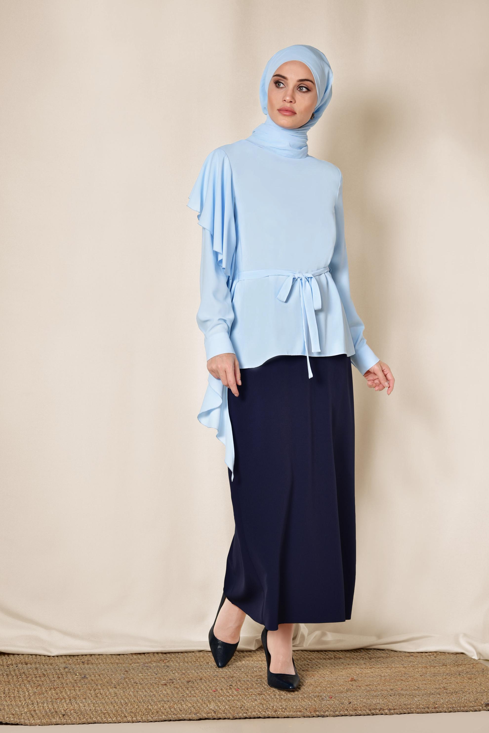 Tesettür giyim MAVİ VOLAN DETAYLI BLUZ 4062