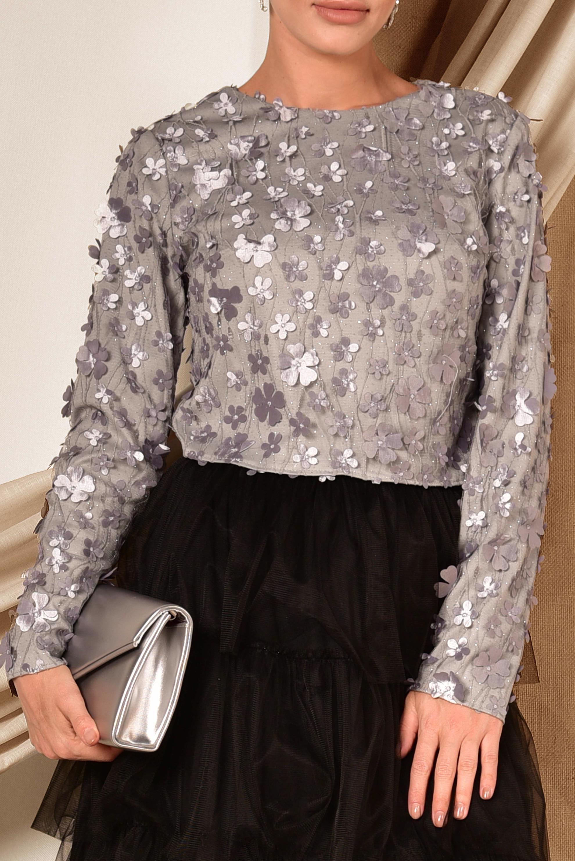 Tesettür giyim GRİ ÜÇ BOYUTLU ÇİÇEK DETAYLI  ABİYE BLUZ 4064 